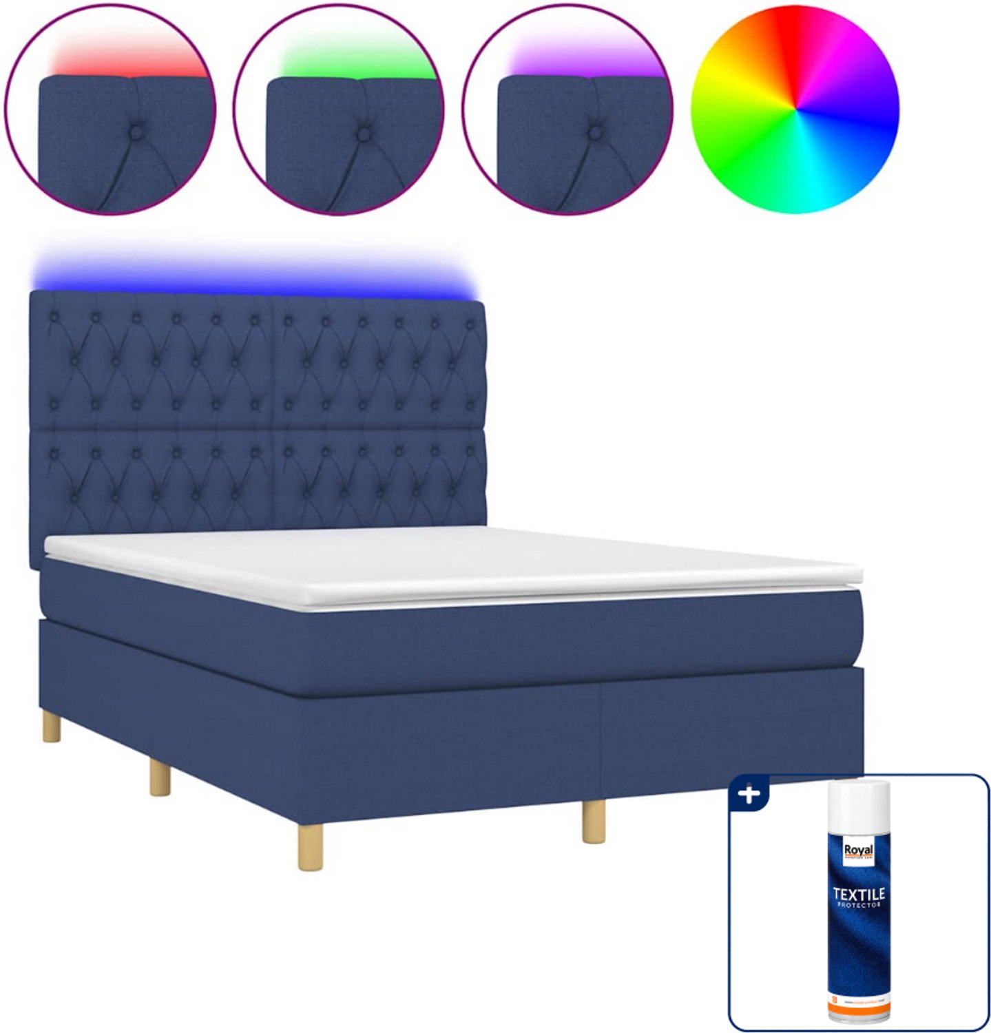 vidaXL boxspring met matras en LED - 140 x 190 cm - blauw - Inclusief textielbeschermer 500 ml