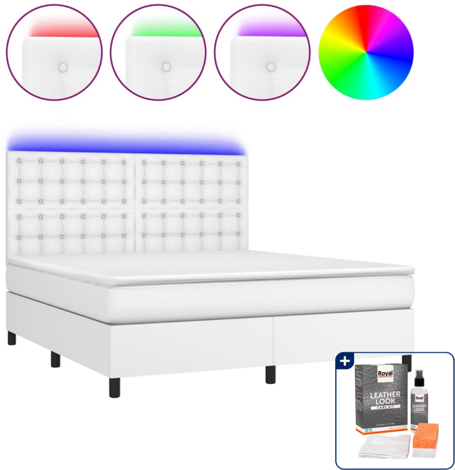 vidaXL Kingsize boxspring met matras en LED - 180 x 200 cm - wit - Inclusief onderhoudsset voor kunstleer 150 ml