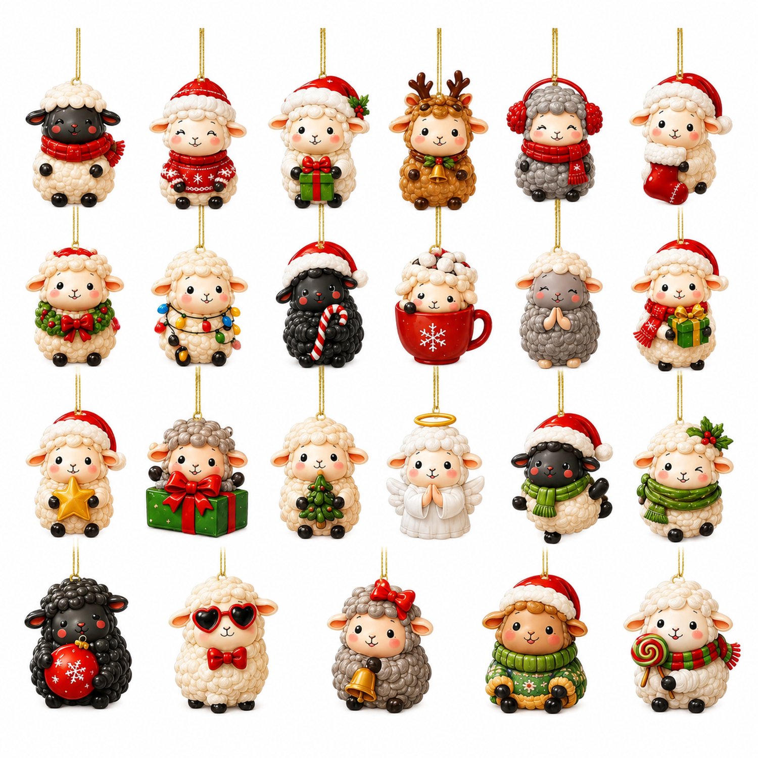 Adventskalender met schapen - 24 platte acryl hangers met ophangkoord - Kerstdecoratie in kartonnen doos