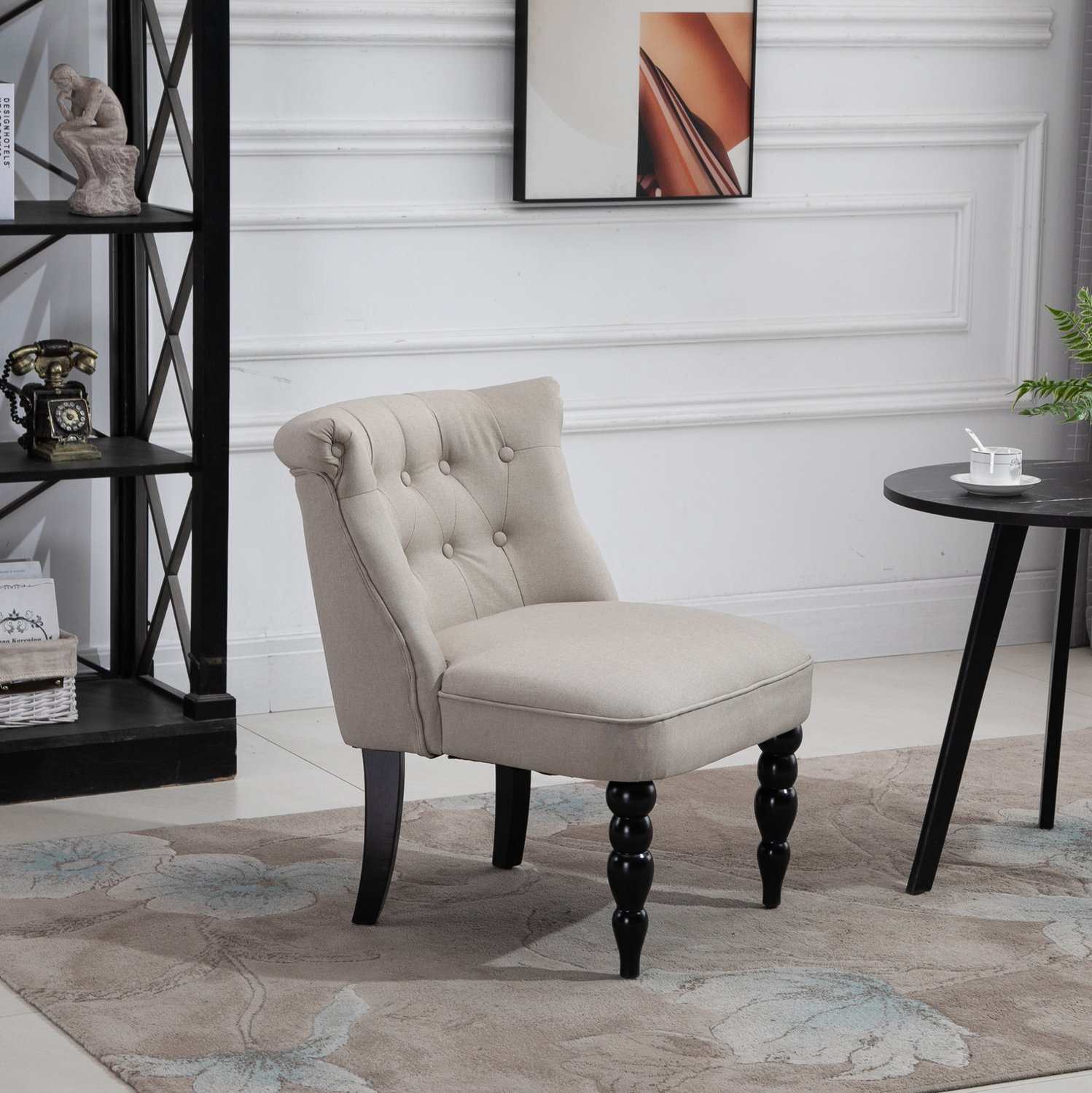 STILVORA Fauteuil 67 x 67 x 78 cm - Vintage met Gebogen Rugleuning en Voetdoppen - Voor Woonkamer en Eetkamer - Linnen - Beige en Zwart