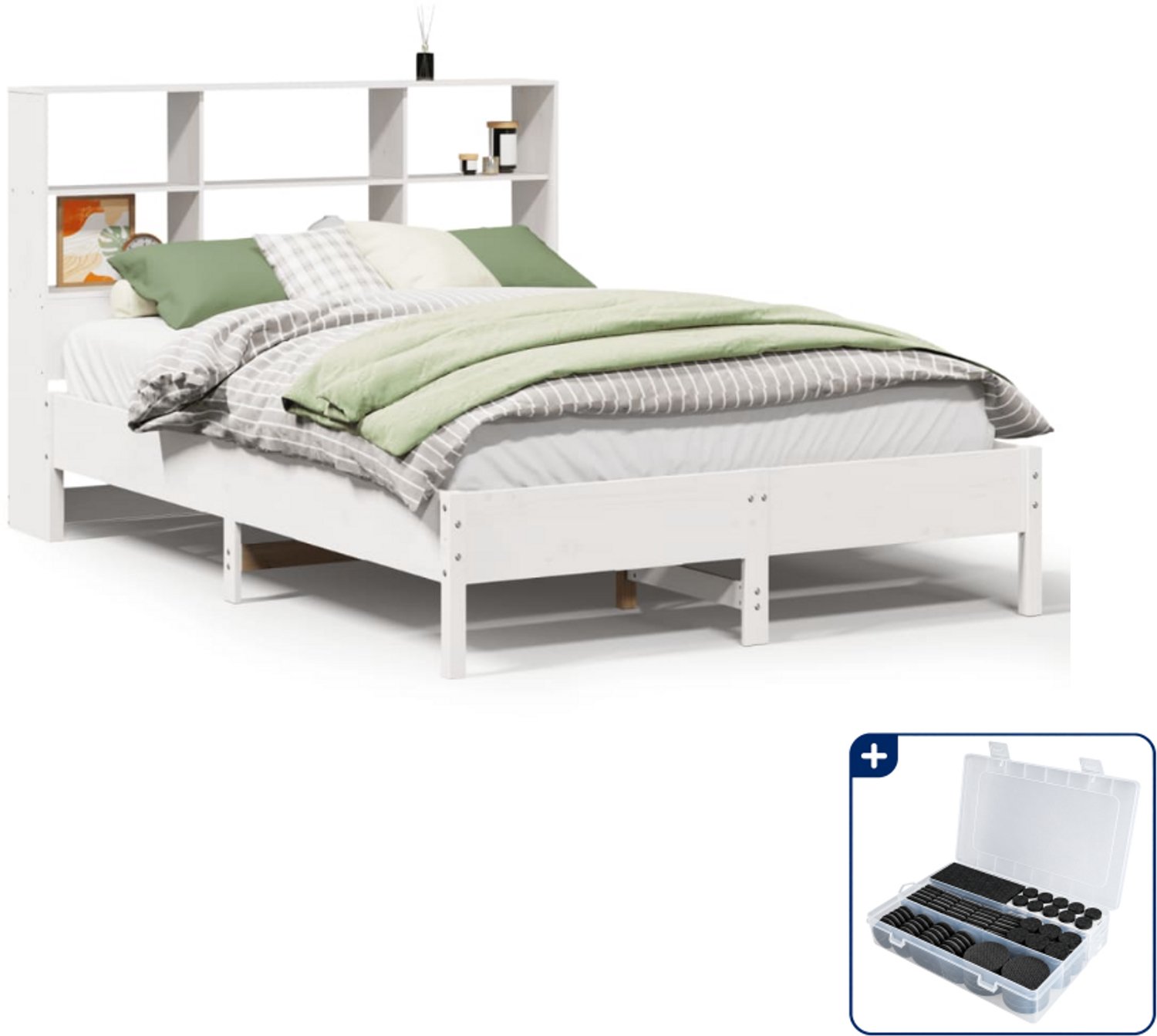 vidaXL Queensize bed met boekenkast - 160 x 200 cm - grenenhout - wit - Inclusief antikrasvilt 177-delig Bruin