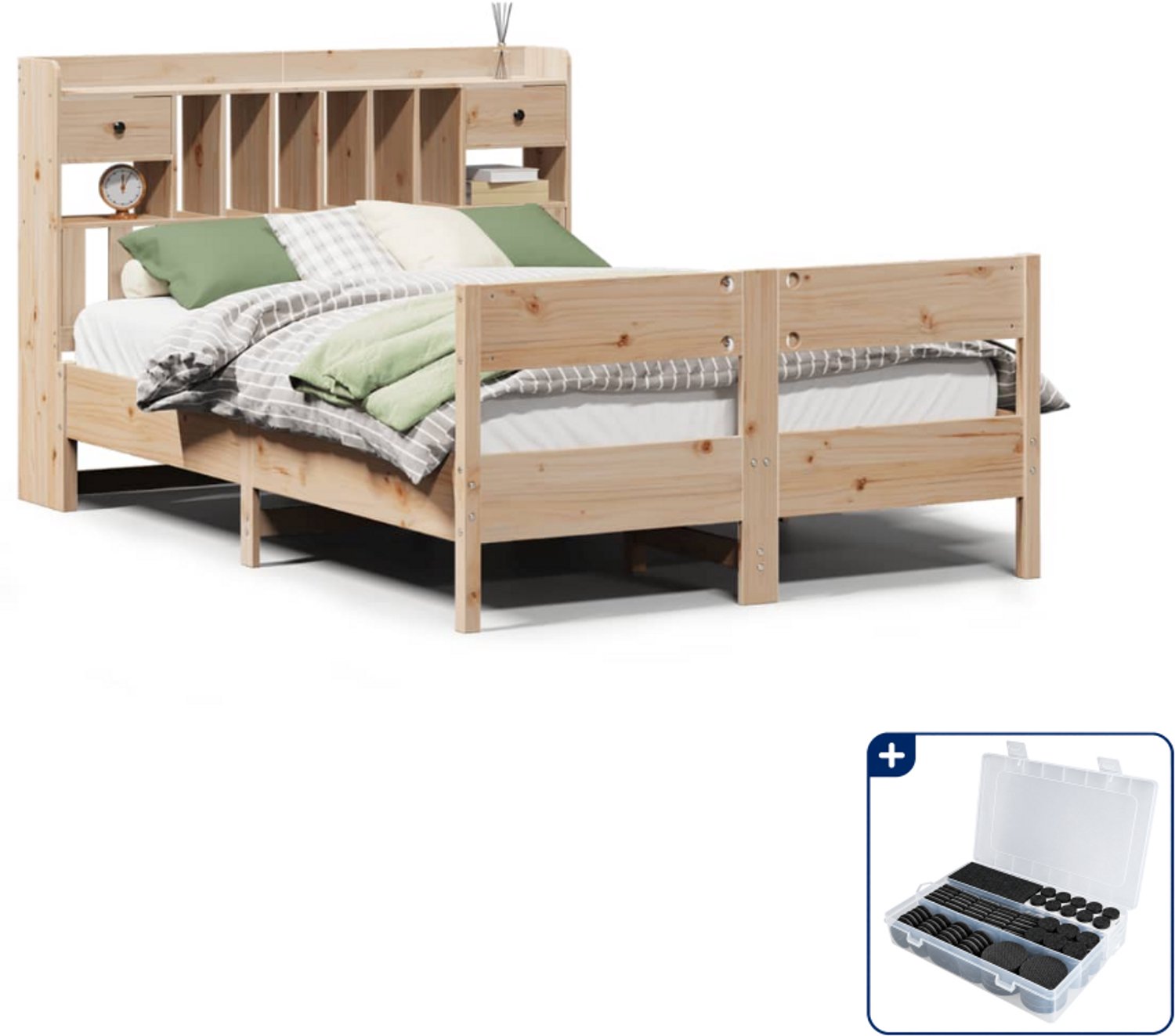 vidaXL bed met boekenkast - 135 x 190 cm - massief grenenhout - Inclusief antikrasvilt 177-delig Bruin