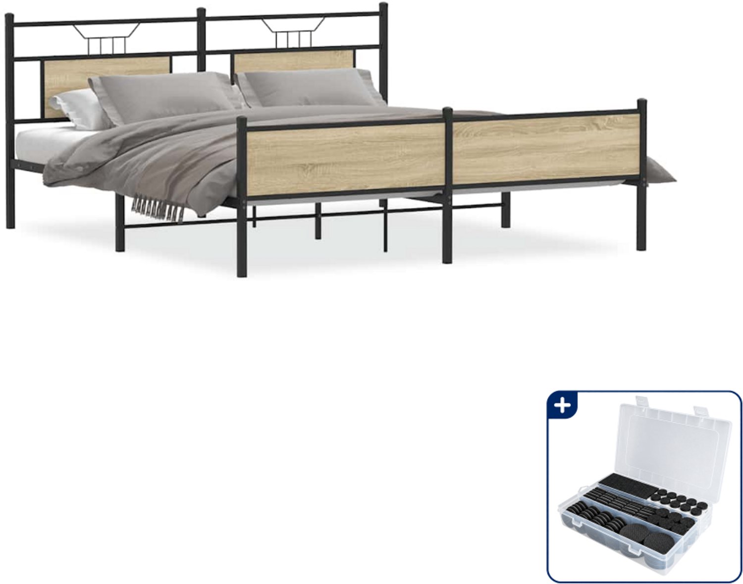 vidaXL bedframe Kingsize 180 x 200 cm - staal - sonoma eiken - Inclusief antikrasvilt 177-delig Zwart