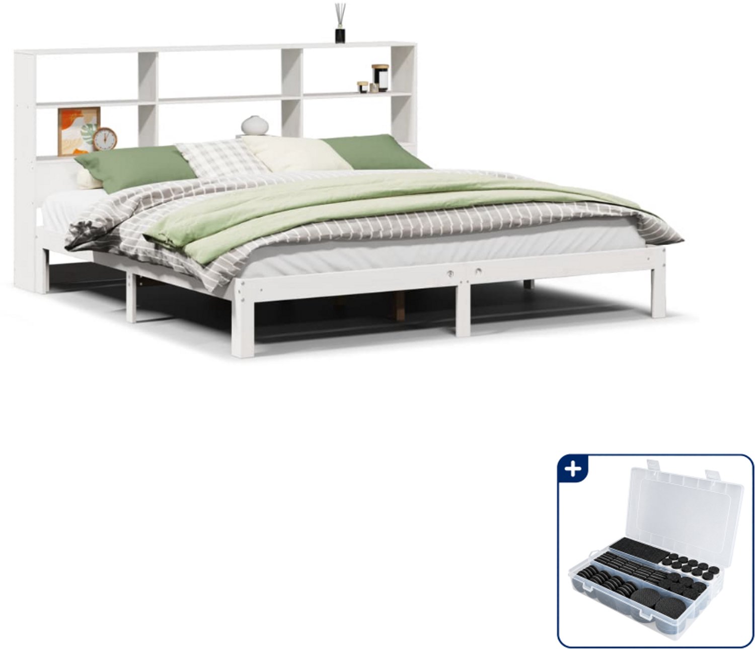 vidaXL Kingsize bed met boekenkast - 180 x 200 cm - massief grenen - wit - Inclusief antikrasvilt 177-delig