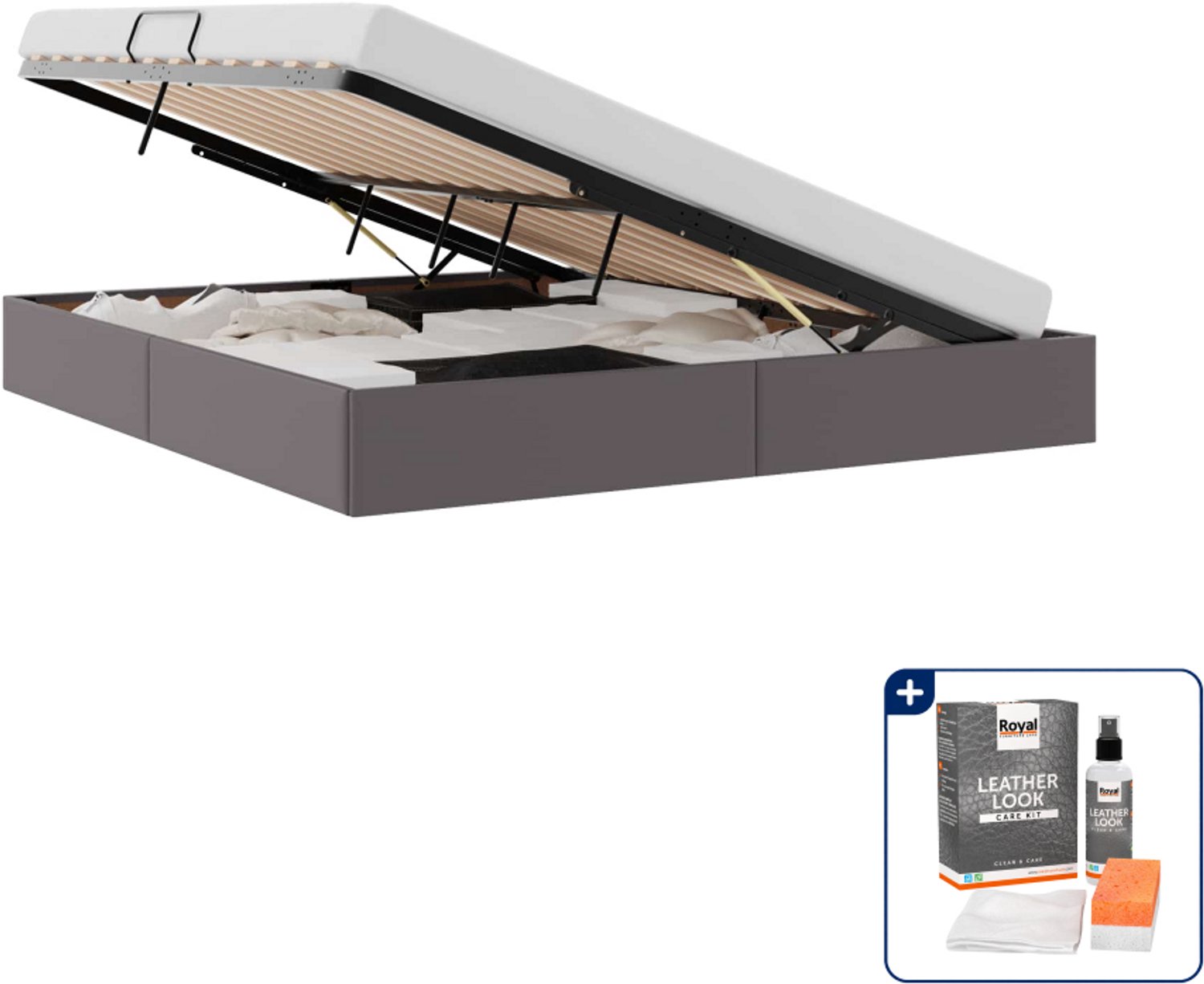 vidaXL queensize bedframe met opslag - 160 x 200 cm - kunstleer - grijs - Inclusief onderhoudsset voor kunstleer 150 ml