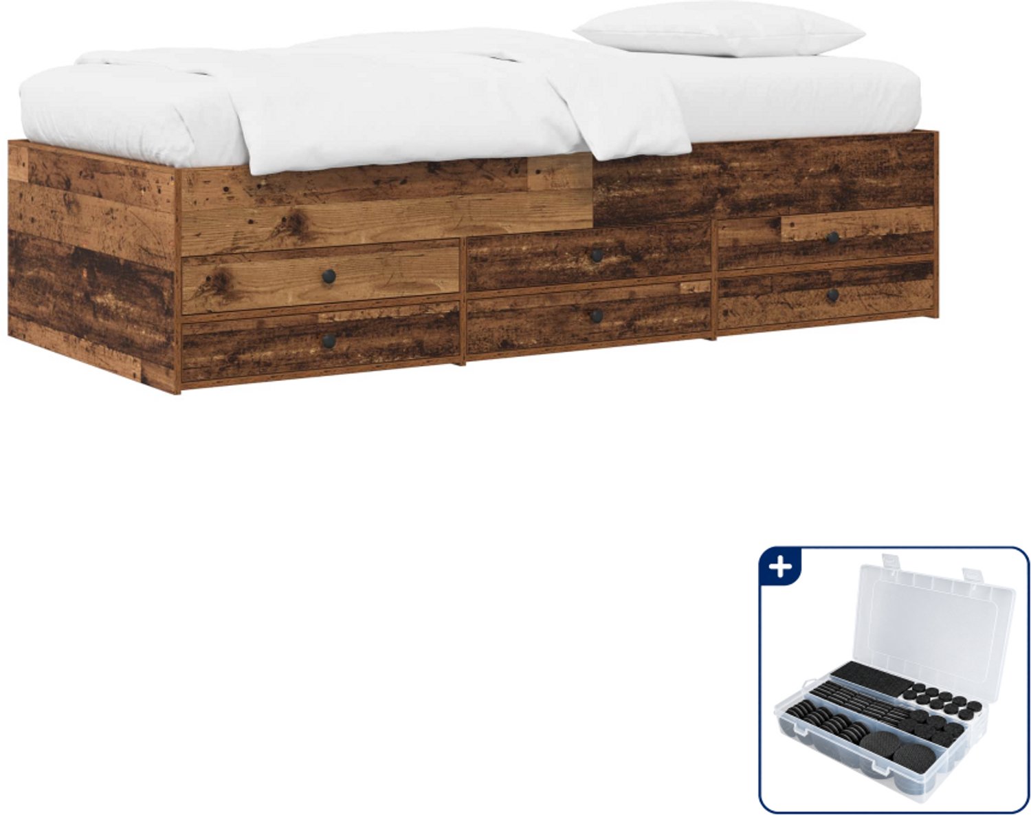 vidaXL bedframe met opbergruimte - 80 x 200 cm - bewerkt hout - oud hout - Inclusief antikrasvilt 177-delig Bruin