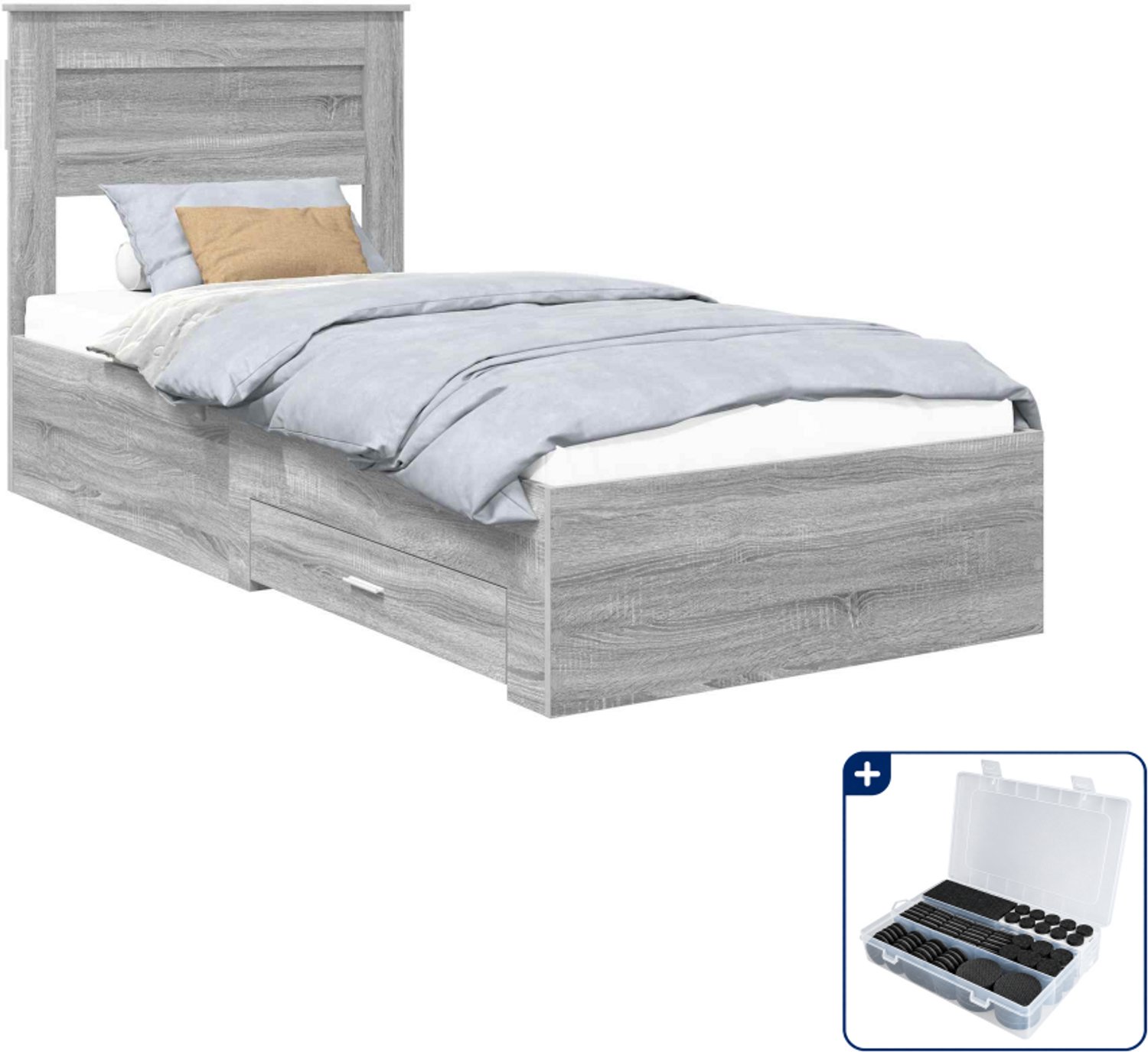 vidaXL Bedframe met lade - 100 x 200 cm - bewerkt hout - grijs sonoma - Inclusief antikrasvilt 177-delig Bruin