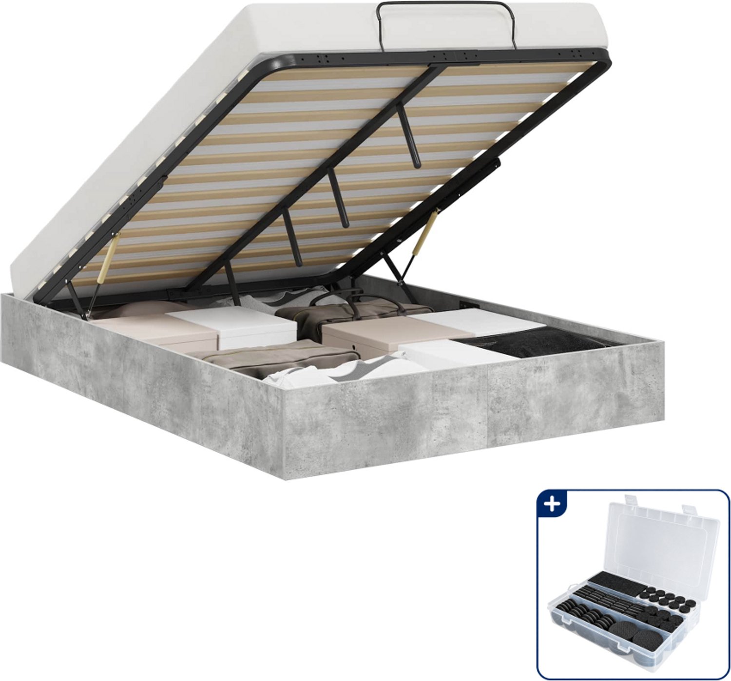 vidaXL ottoman bedframe - Small double - 140 x 200 cm - beton grijs - Inclusief antikrasvilt 177-delig Bruin
