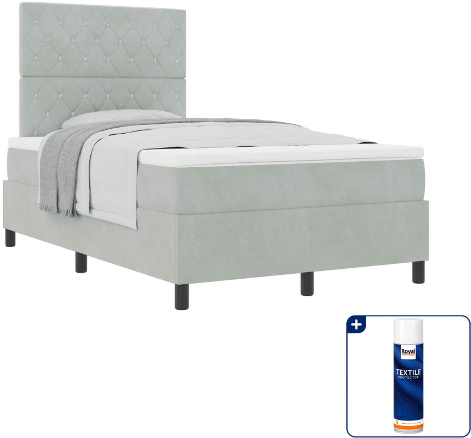 vidaXL boxspringbed met matras - 120 x 200 cm - fluweel - lichtgrijs - Inclusief textielbeschermer 500 ml