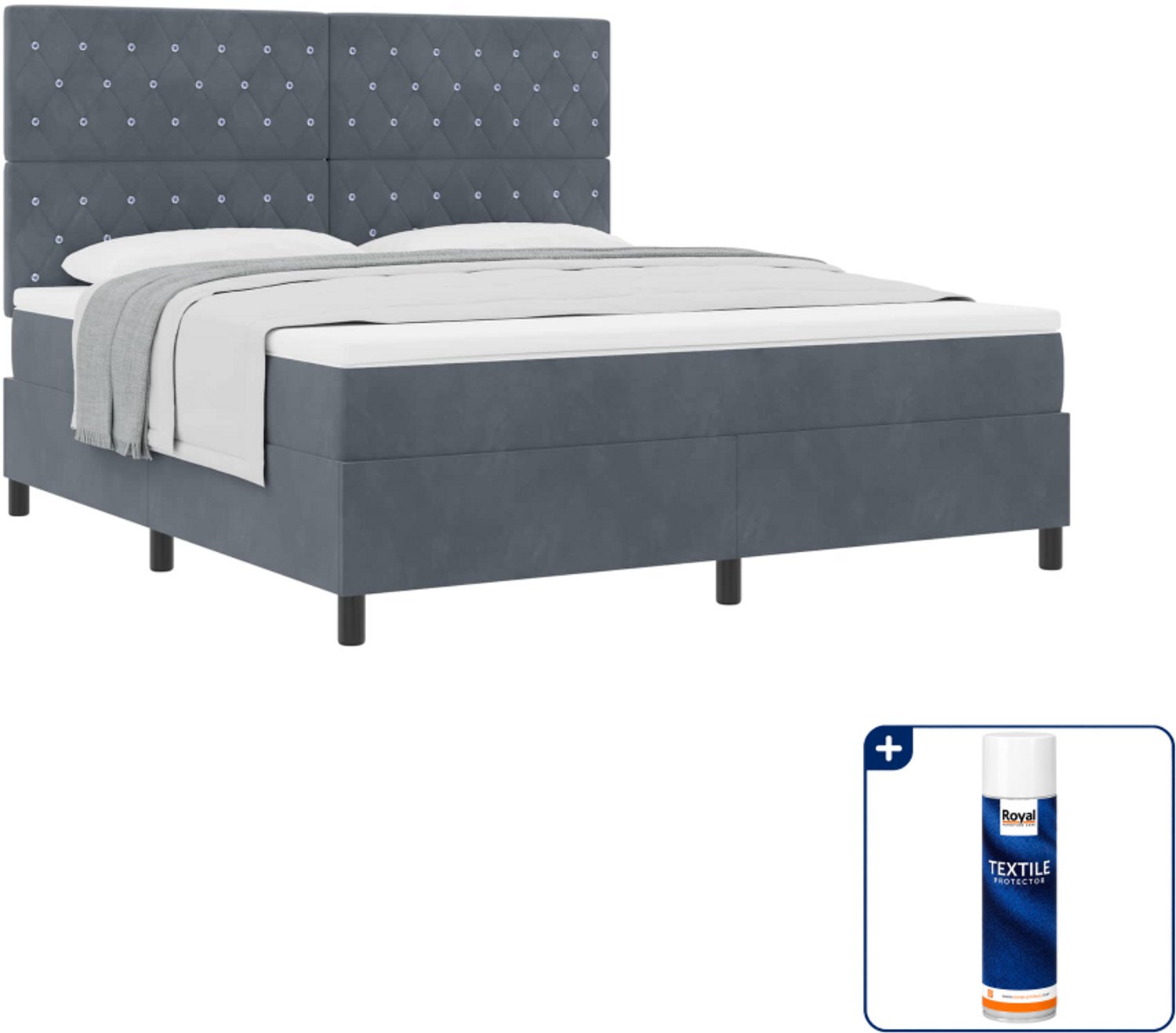 vidaXL Boxspringbed - Kingsize 180 x 200 cm - fluweel - donkergrijs - Inclusief textielbeschermer 500 ml