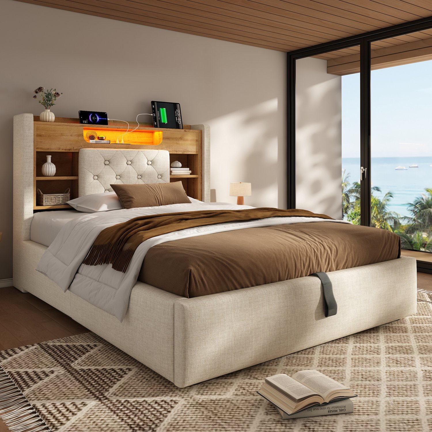 Maisentiel Gestoffeerd eenpersoonsbed 90 x 200 cm - beige - opbergruimte, LED en USB