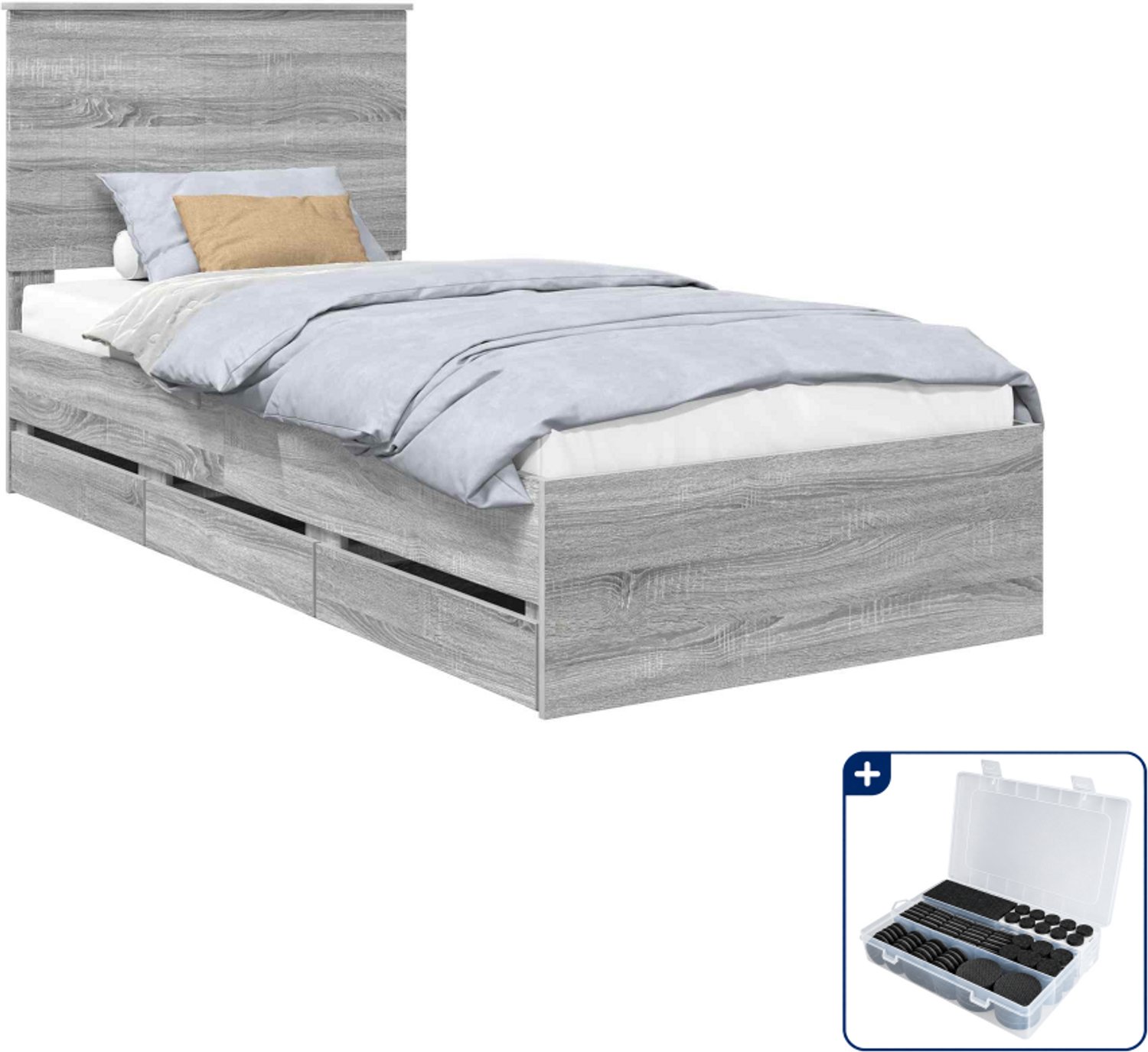 vidaXL bedframe met lade - 90 x 200 cm - bewerkt hout - grijs sonoma - Inclusief antikrasvilt 177-delig Bruin