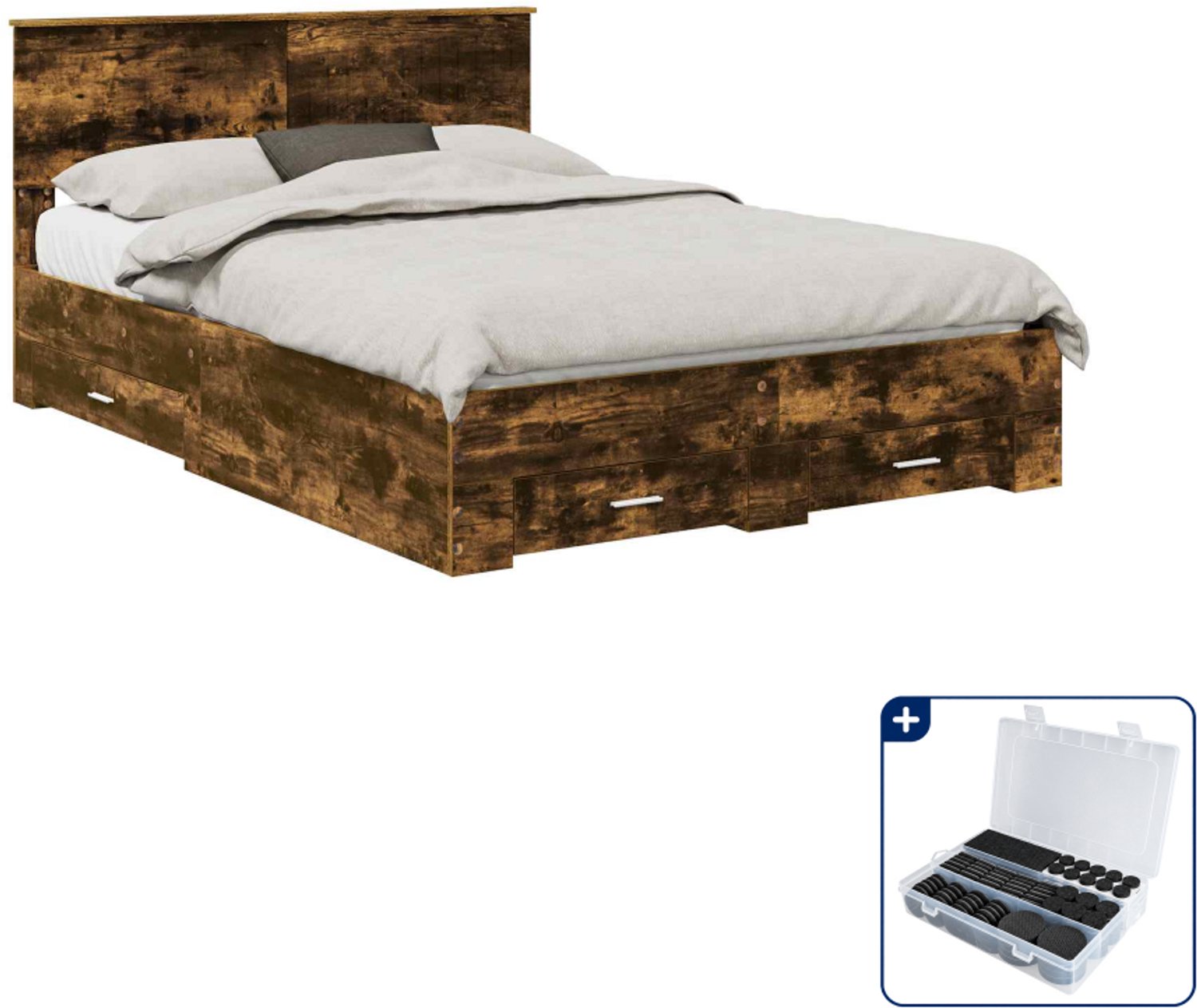 vidaXL bedframe met lade - 135 x 190 cm - bewerkt hout - gerookt eiken - Inclusief antikrasvilt 177-delig Grijs