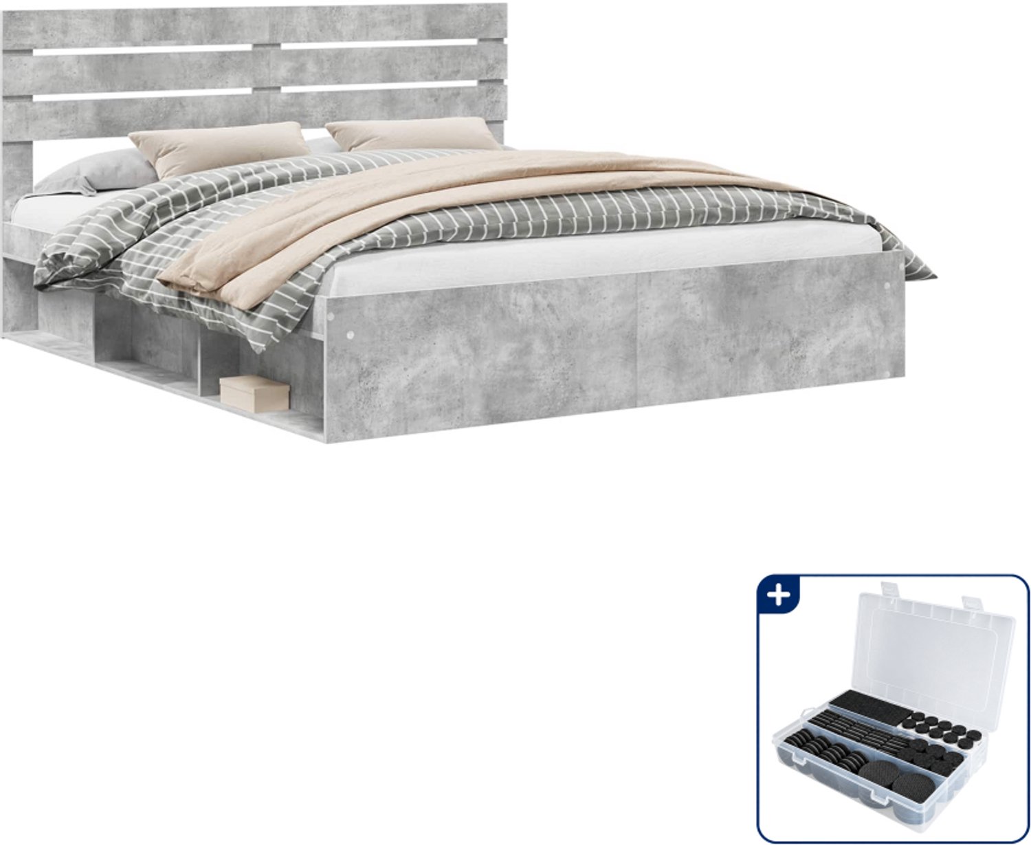 vidaXL Kingsize bedframe - 180 x 200 cm - massief grenenhout - grijs - Inclusief antikrasvilt 177-delig Bruin