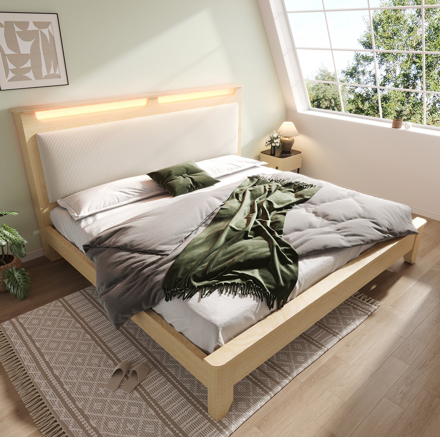 Maisentiel Tweepersoonsbed 160 x 200 cm met LED, opberghoofdbord en lattenbodem - eikenkleur en beige Lichte eikenkleur