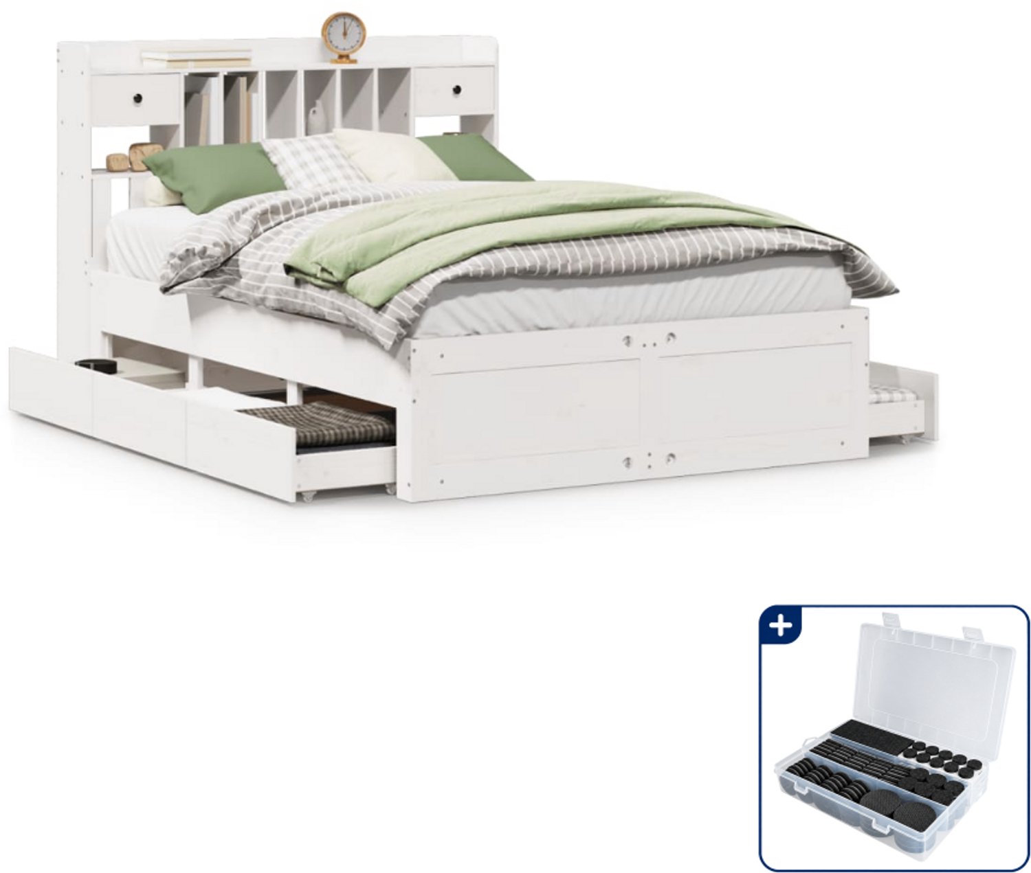 vidaXL bed met boekenkast - 150 x 200 cm - massief grenenhout - wit - Inclusief antikrasvilt 177-delig Grijs