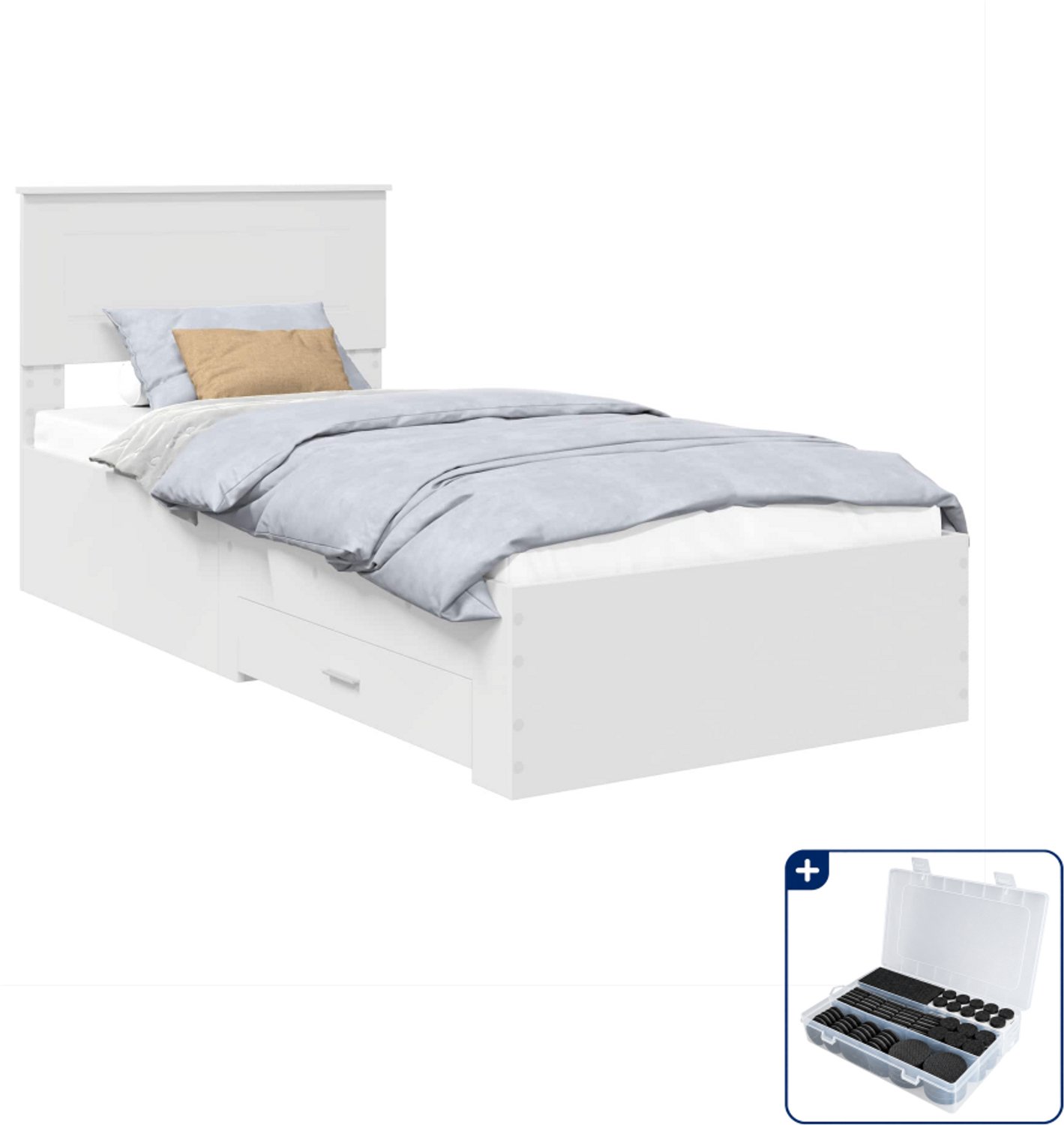 vidaXL bedframe met lade en hoofdeinde - 90 x 190 cm - bewerkt hout - wit - Inclusief antikrasvilt 177-delig Grijs