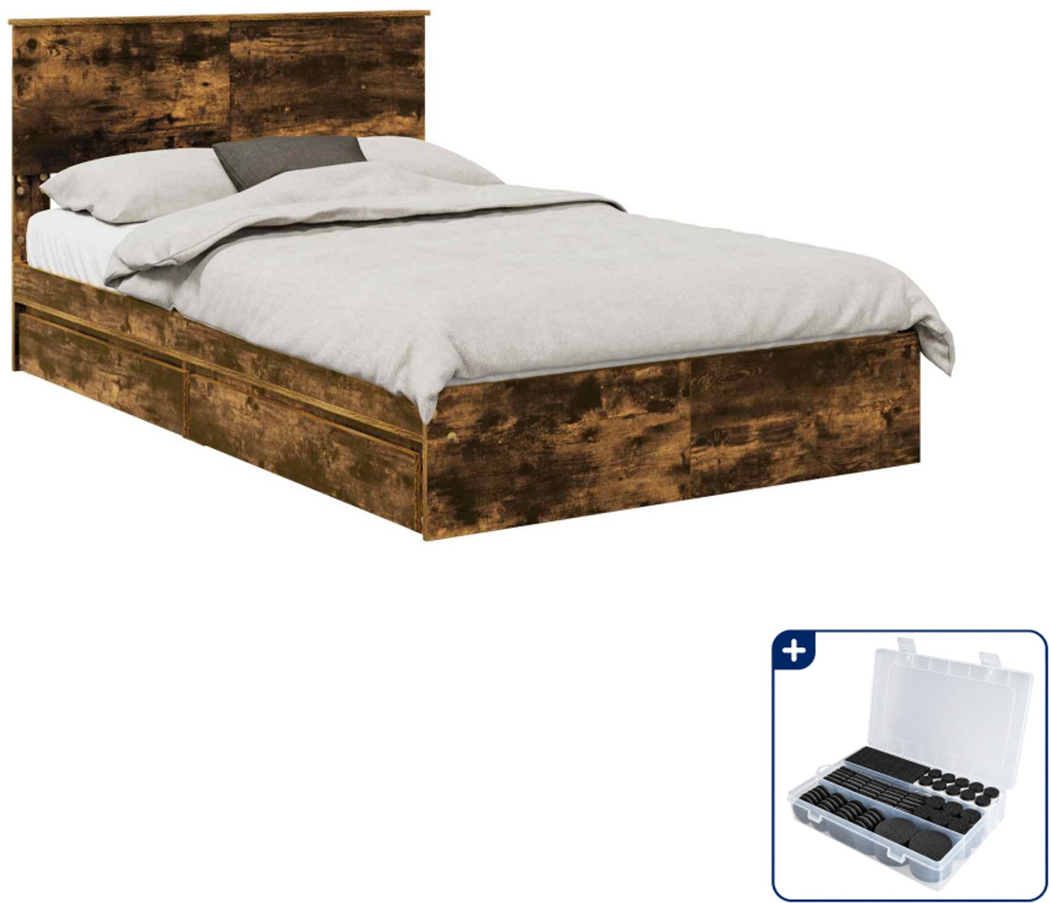 vidaXL bedframe - 135 x 190 cm - bewerkt hout - gerookt eiken - Inclusief antikrasvilt 177-delig Wit
