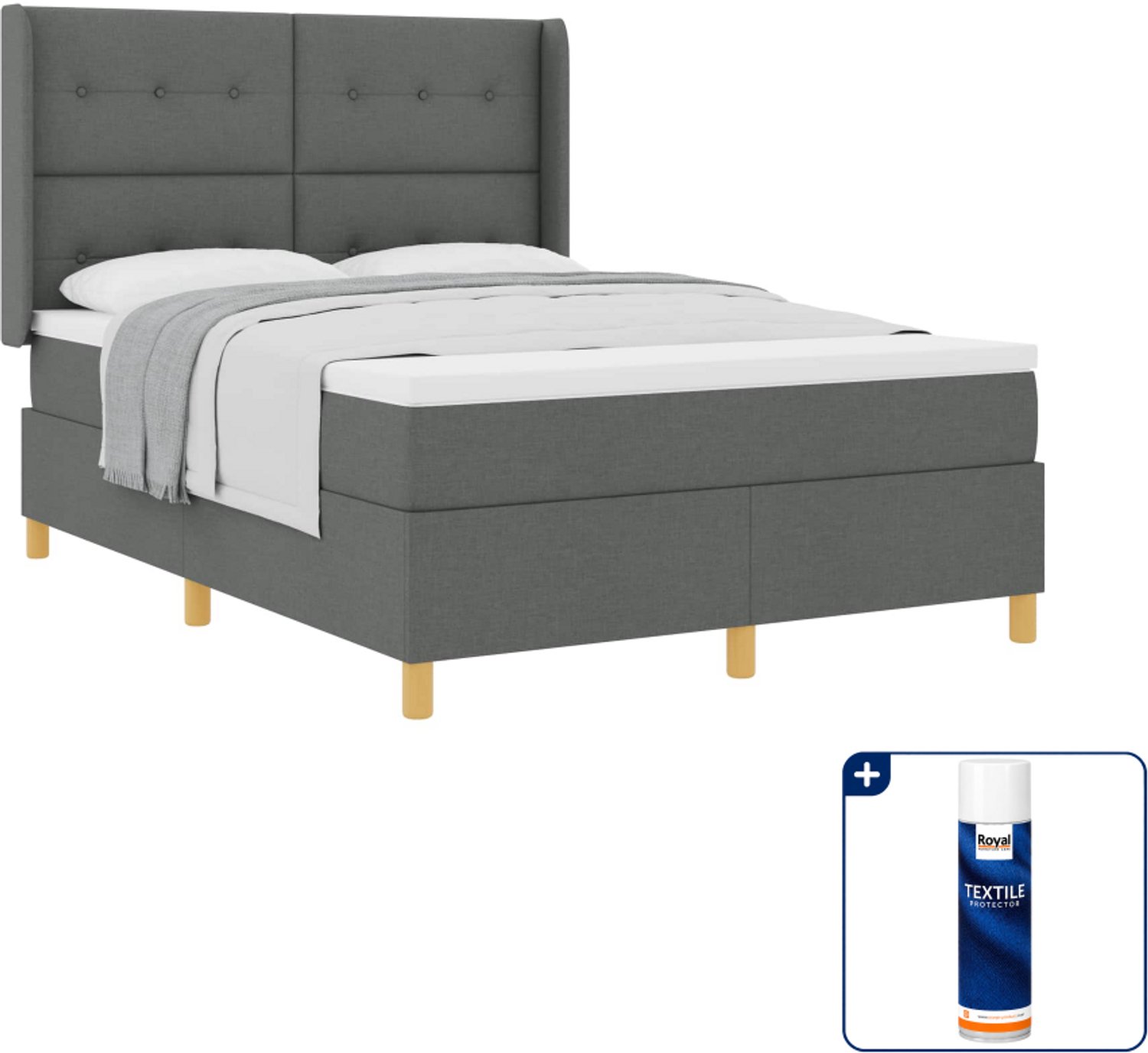 vidaXL boxspringbed - 140 x 190 cm - donkergrijs - Inclusief textielbeschermer 500 ml