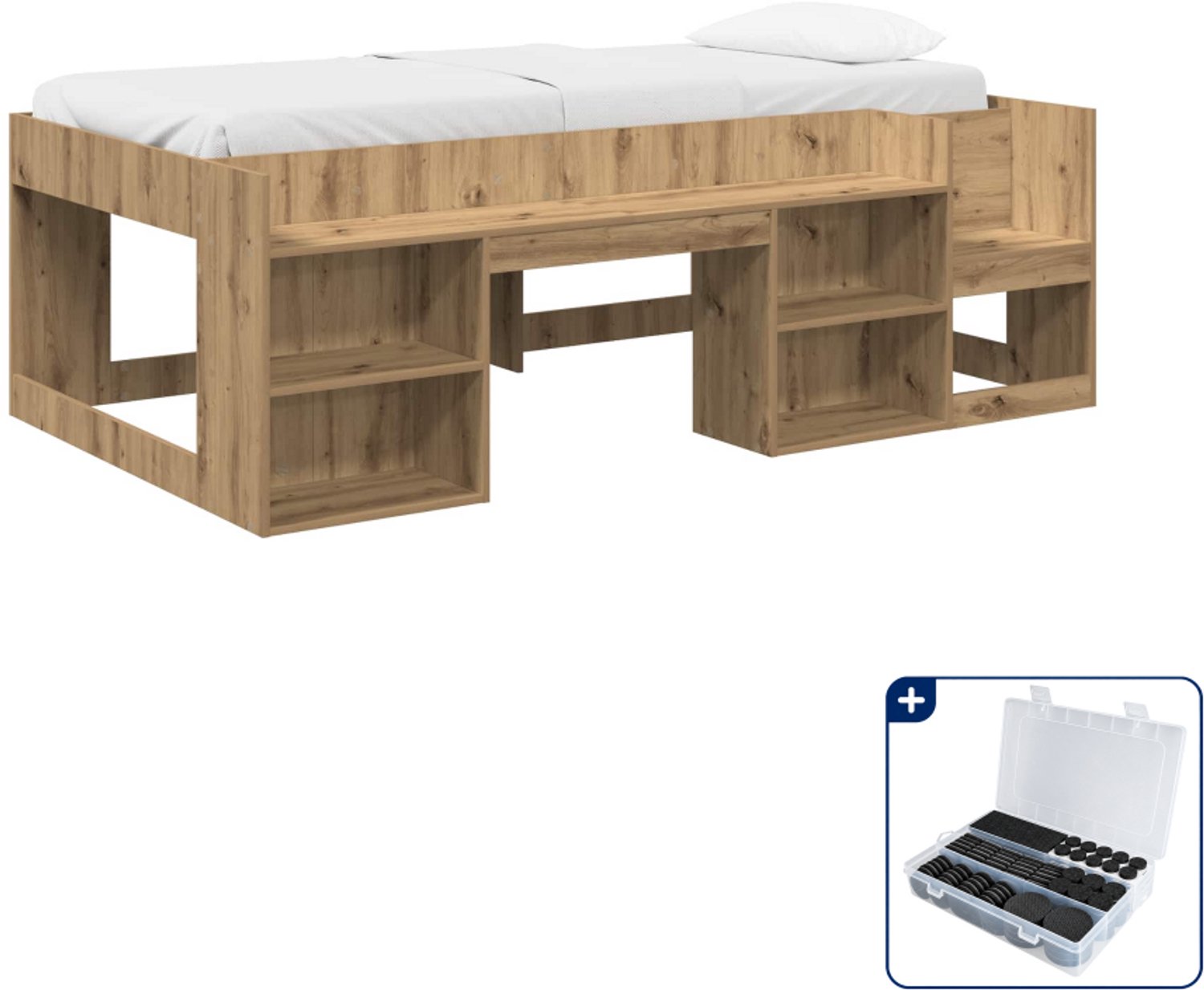 vidaXL kinderbed met opbergruimte - 100 x 200 cm - bewerkt hout - eiken - Inclusief antikrasvilt 177-delig Bruin