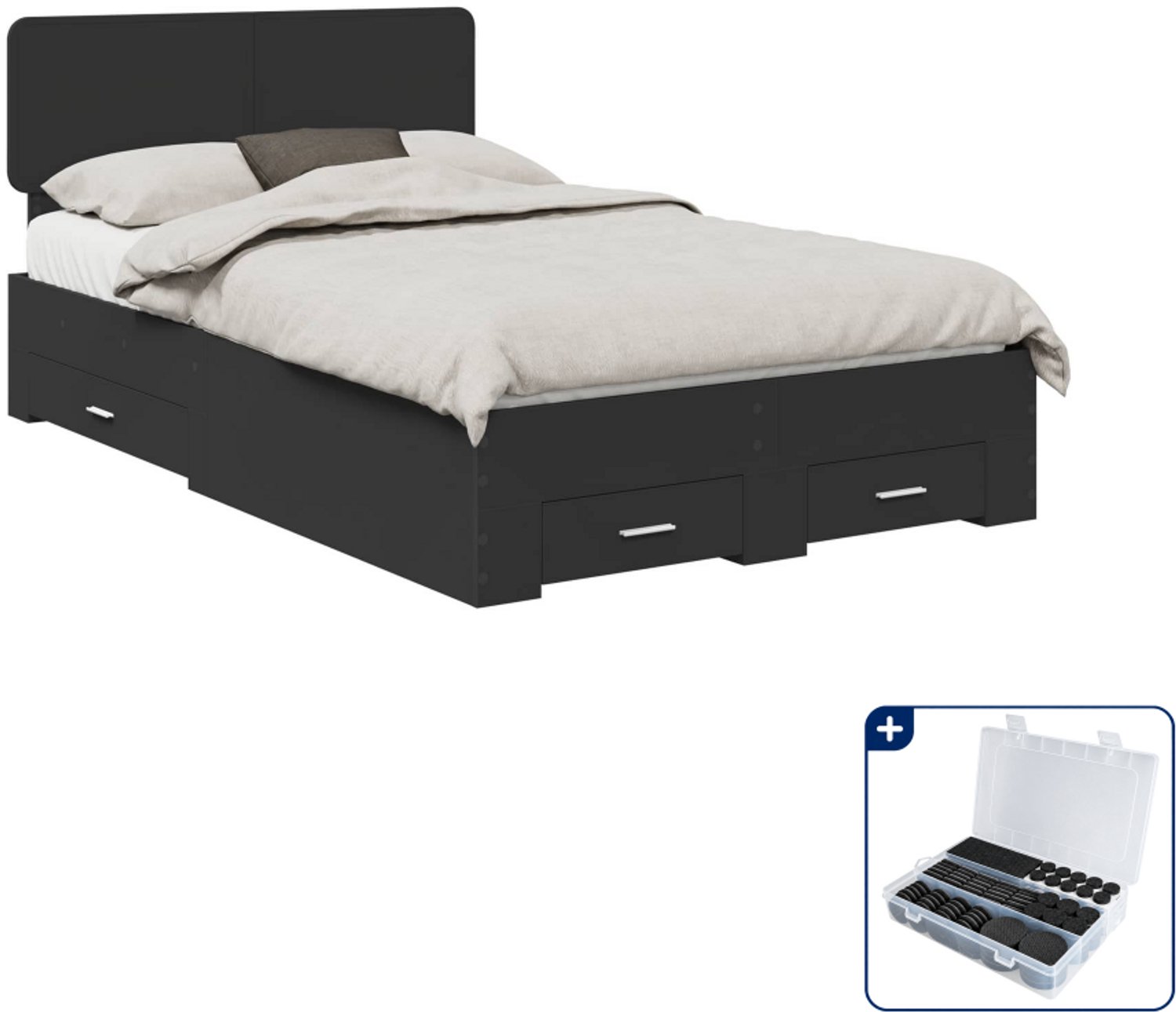vidaXL Bedframe met lade - 135 x 190 cm - bewerkt hout - zwart - Inclusief antikrasvilt 177-delig