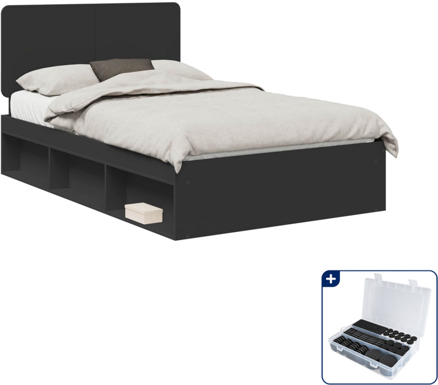vidaXL bedframe - 135 x 190 cm - bewerkt hout - zwart - Inclusief antikrasvilt 177-delig Grijs