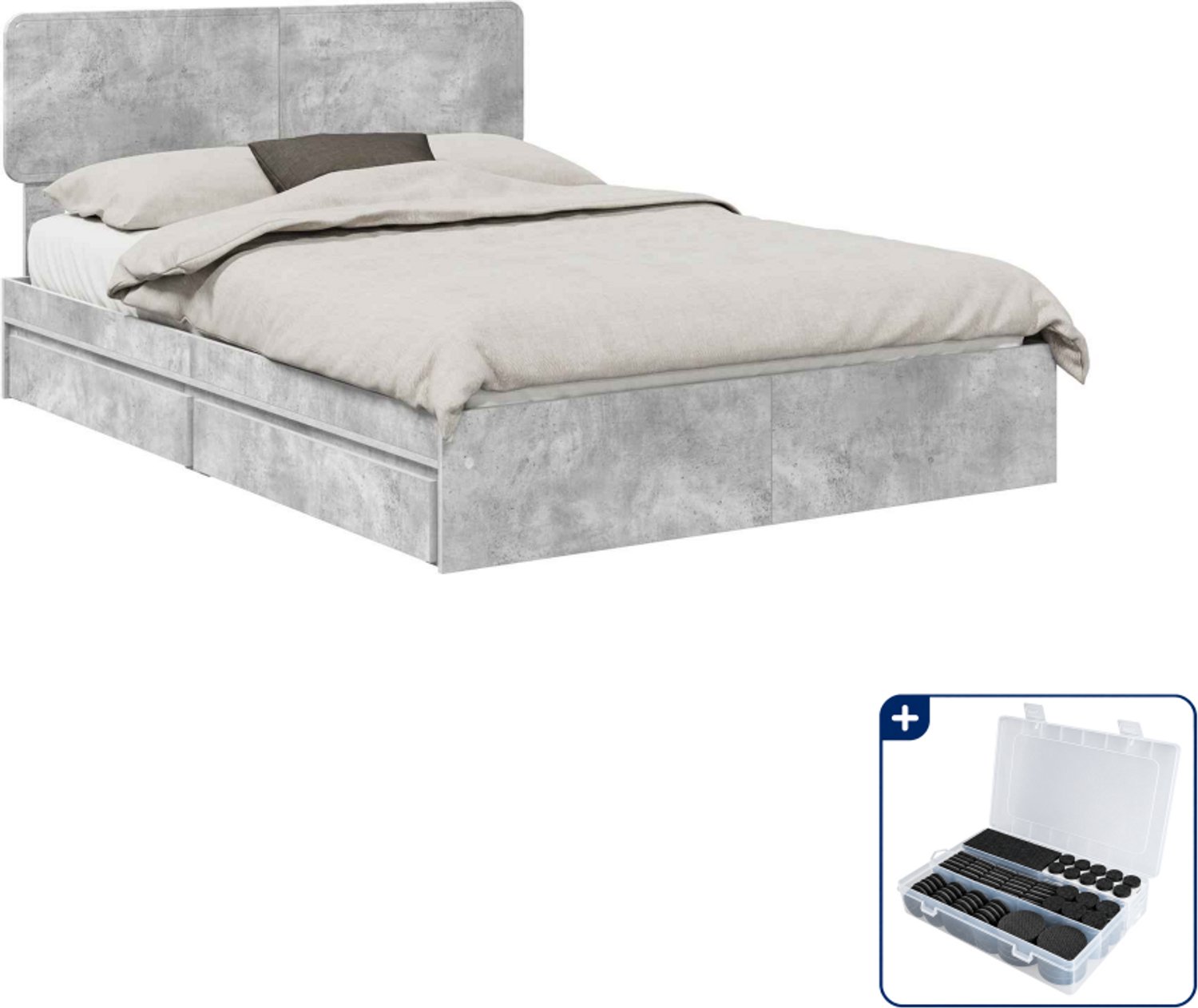 vidaXL bedframe - 150 x 200 cm - bewerkt hout - beton grijs - Inclusief antikrasvilt 177-delig