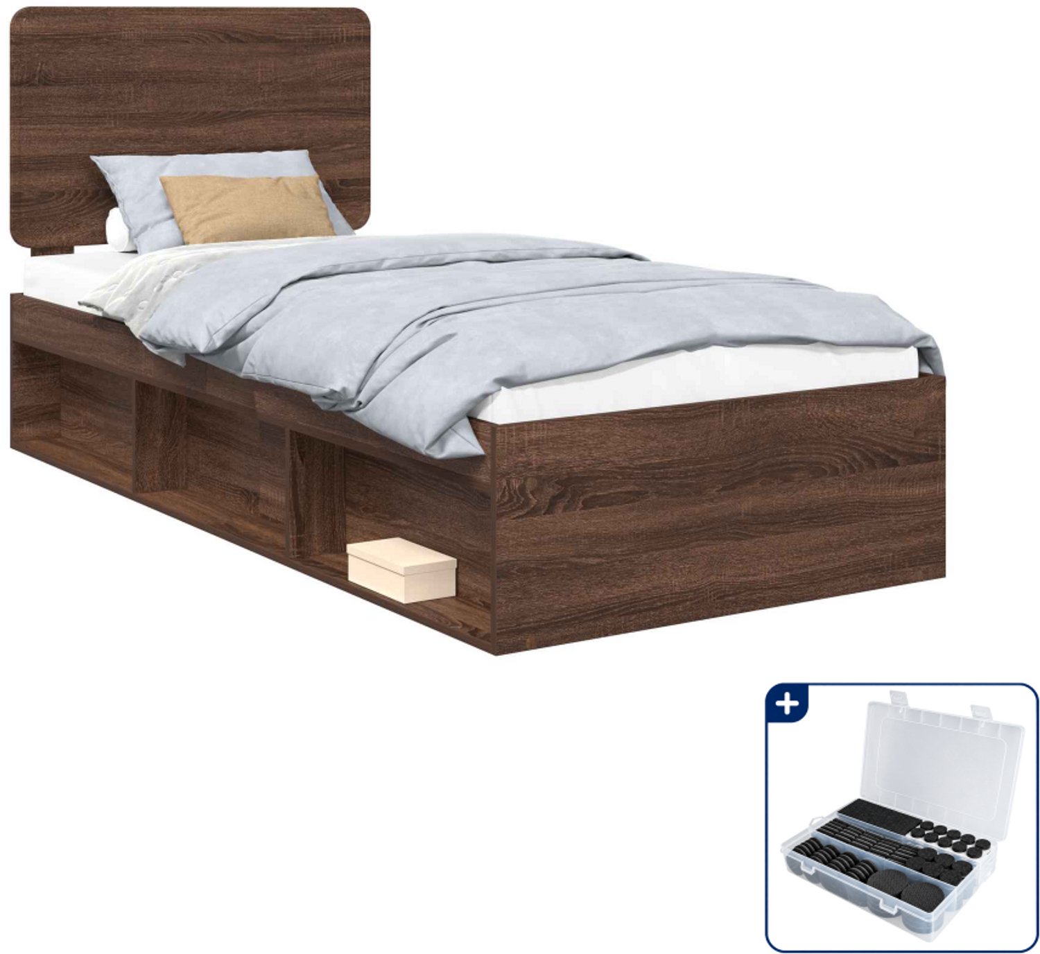 vidaXL bedframe - 75 x 190 cm - bewerkt hout - bruin eiken - Inclusief antikrasvilt 177-delig Blauw