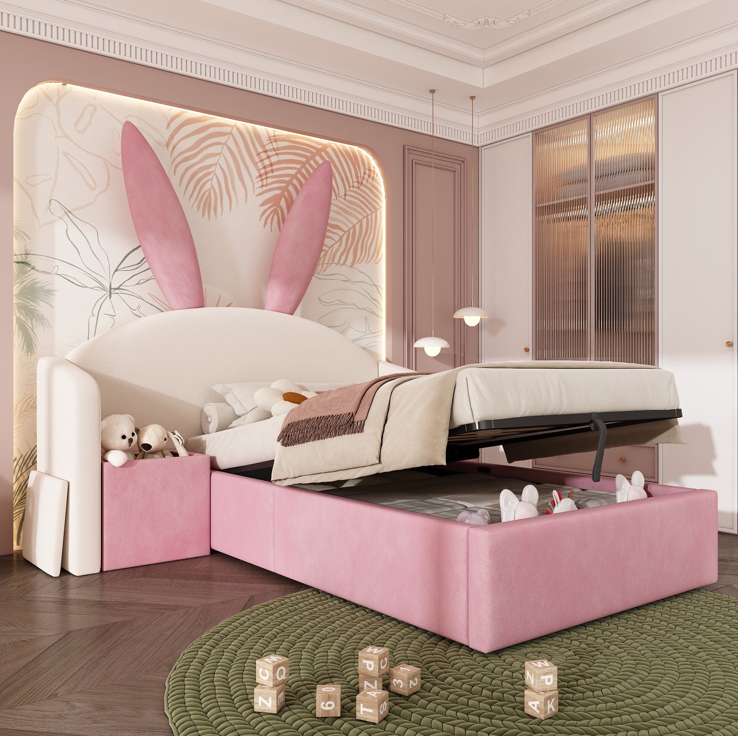 Maisentiel Kinderbed 90 x 190 cm met konijnenoren, opbergruimte en nachtkastje - beige/roze