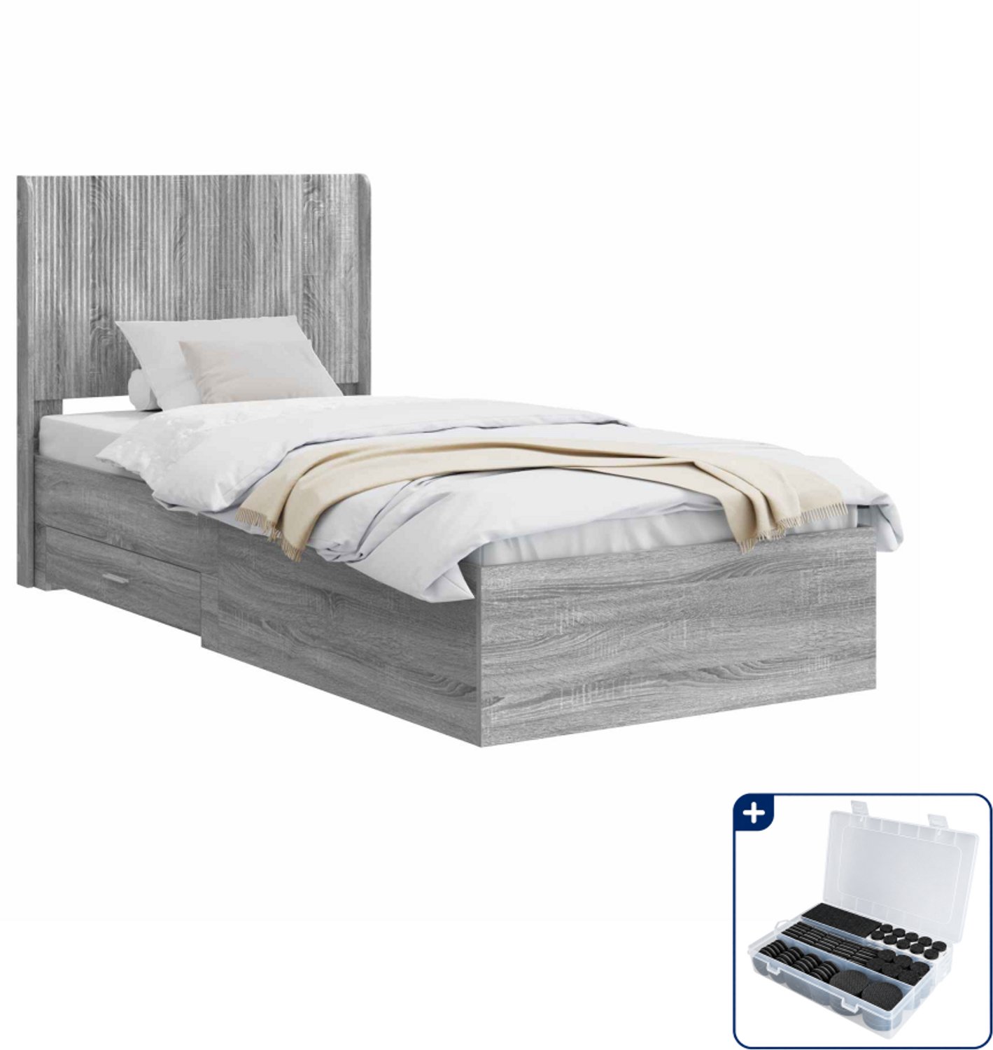 vidaXL Bedframe met opbergruimte - 75 x 190 cm - bewerkt hout - grijs - Inclusief antikrasvilt 177-delig