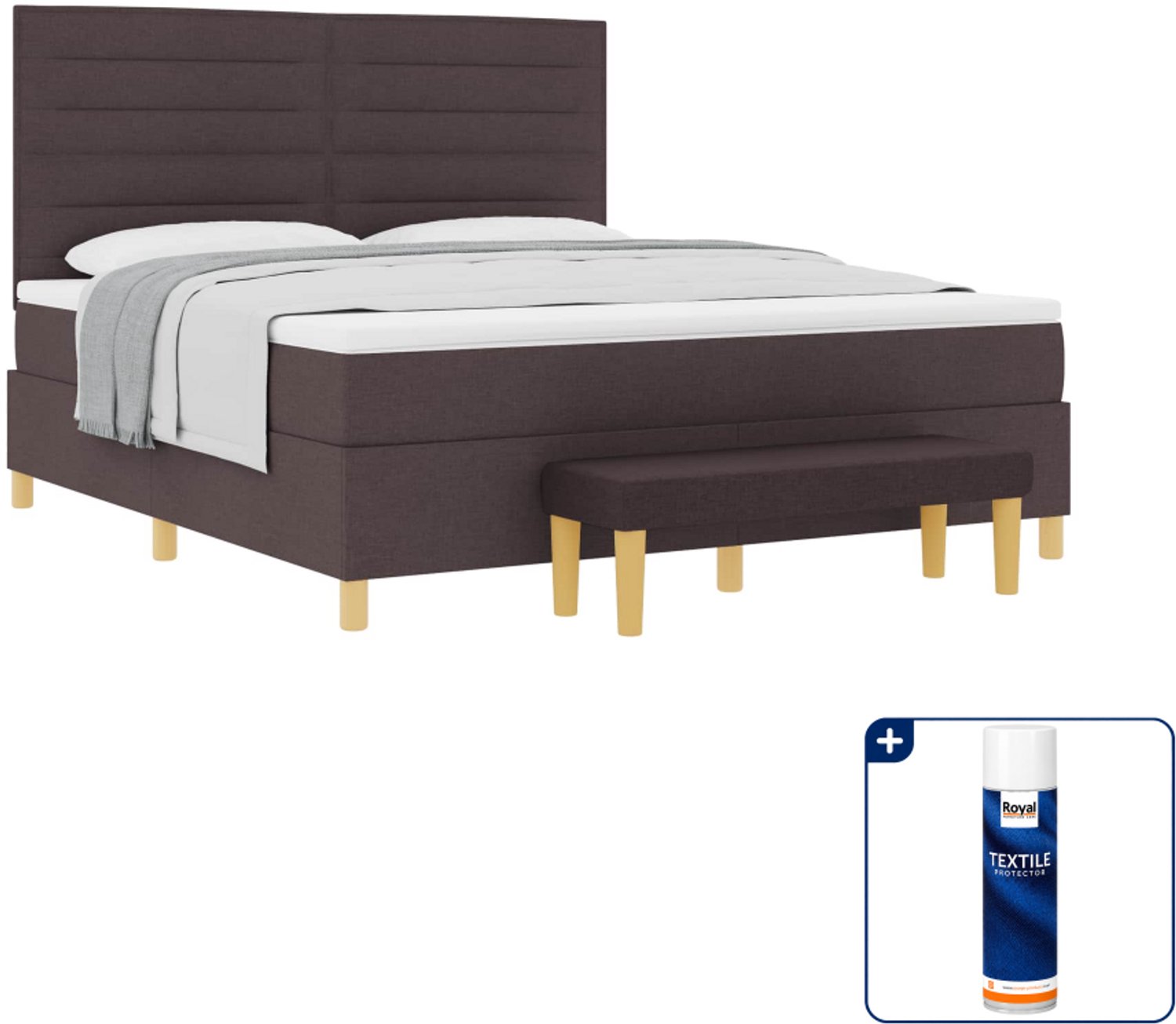 vidaXL Kingsize boxspring met bank - 180 x 200 cm - donkerbruin - Inclusief textielbeschermer 500 ml Lichtgrijs