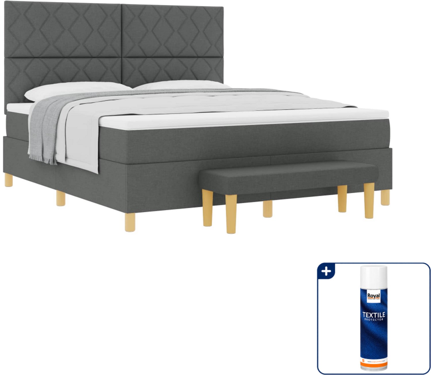 vidaXL Kingsize boxspring met matras en bank - 200 x 180 cm - donkergrijs - Inclusief textielbeschermer 500 ml
