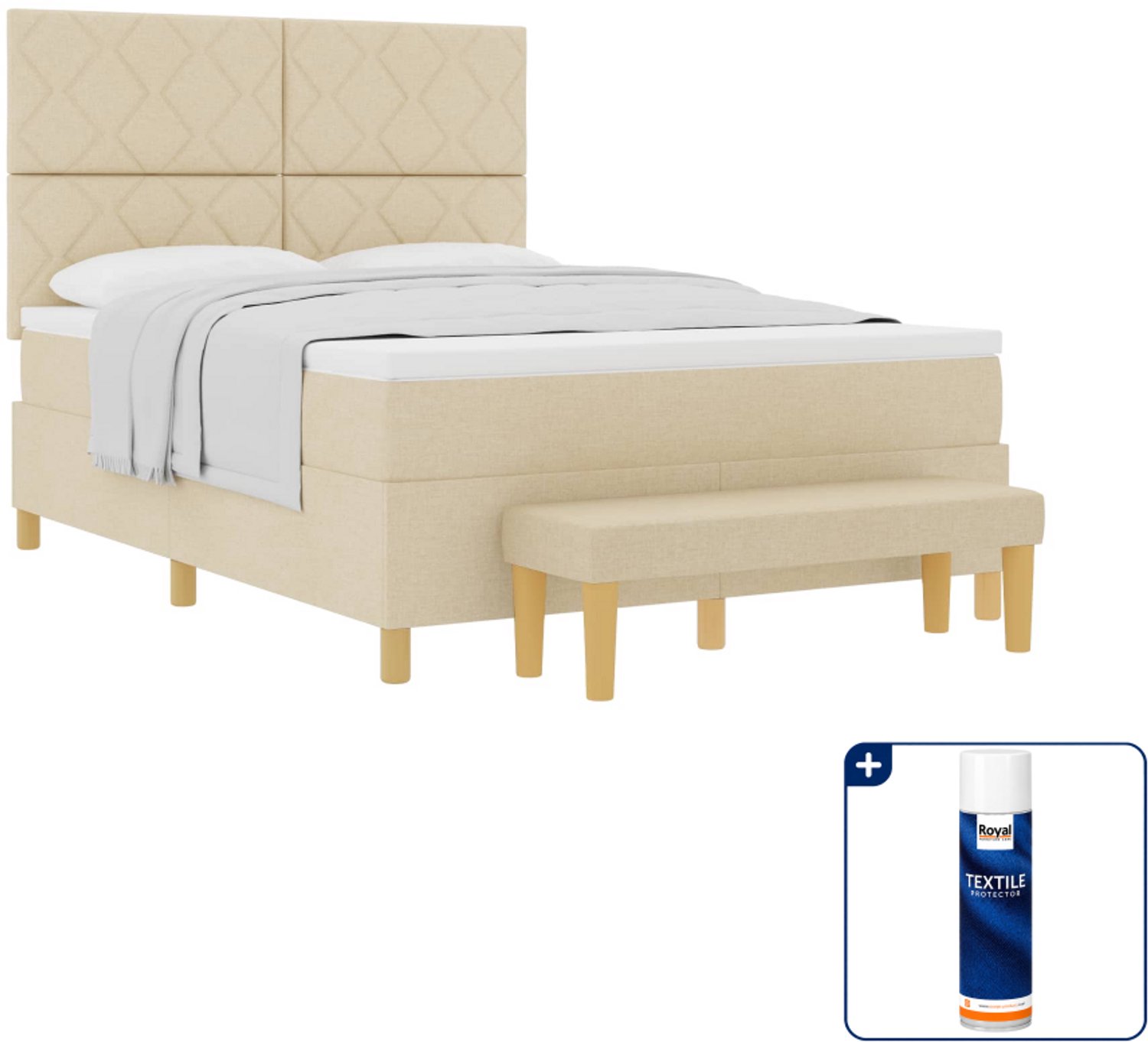vidaXL boxspring met matras en bank - Queensize - 160 x 200 cm - crème - Inclusief textielbeschermer 500 ml