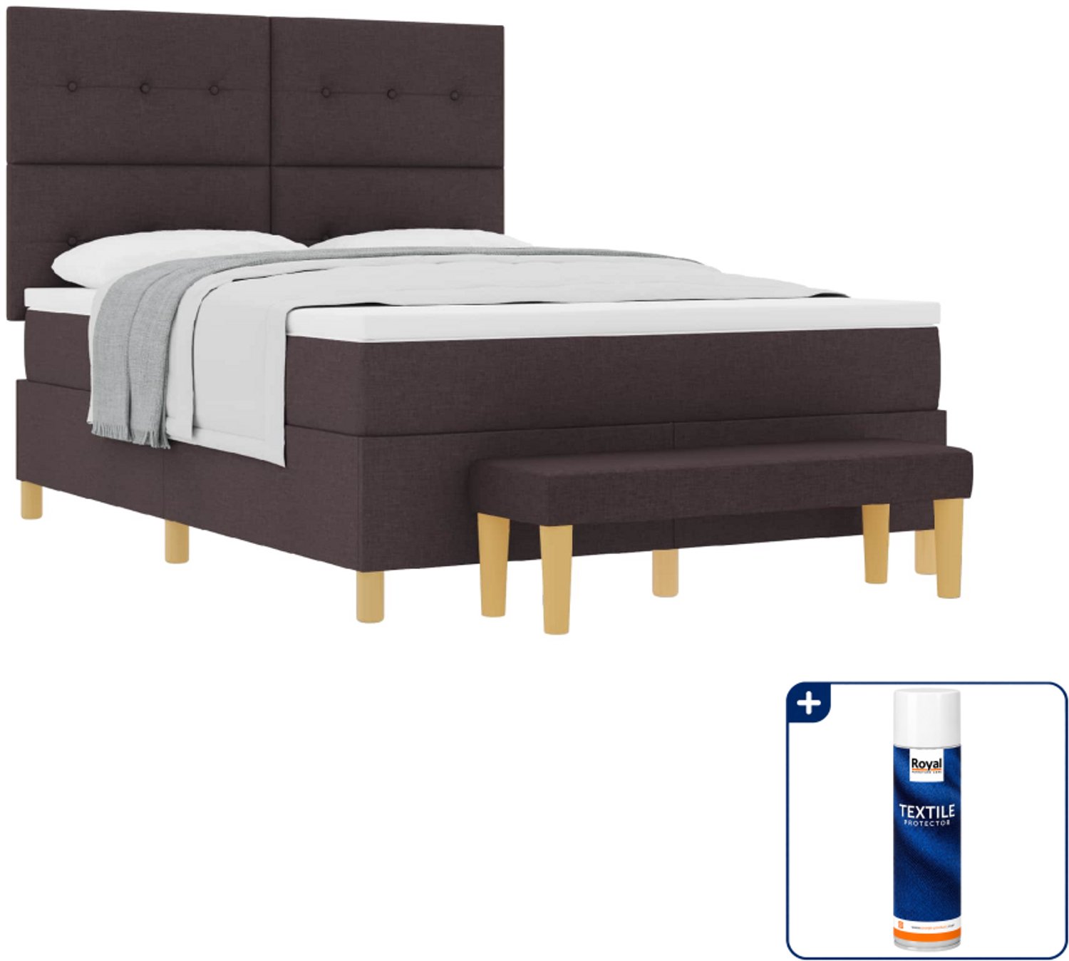 vidaXL boxspring met bank - 140 x 190 cm - donkerbruin - Inclusief textielbeschermer 500 ml