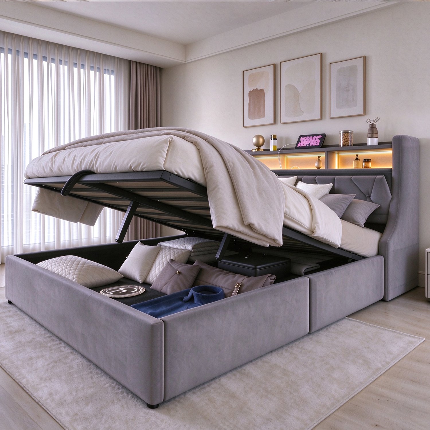 Zubaliya Gestoffeerd bed - 160 x 200 cm - Grijs - stoffering - Hydraulische opbergruimte - LED-verlichting - Stopcontact
