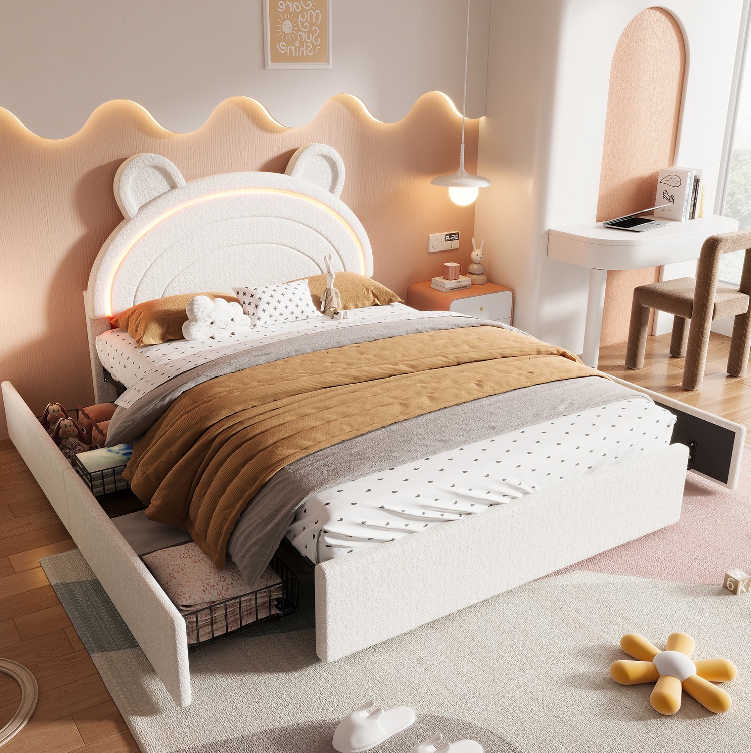 Wishdor Kinderbed 140x200 cm - Gestoffeerd bed met berenhoofdbord - Vier lades aan beide zijden - LED-verlichting met appbediening - Voor kinderkamer en tienerkamer - Fluweel beige