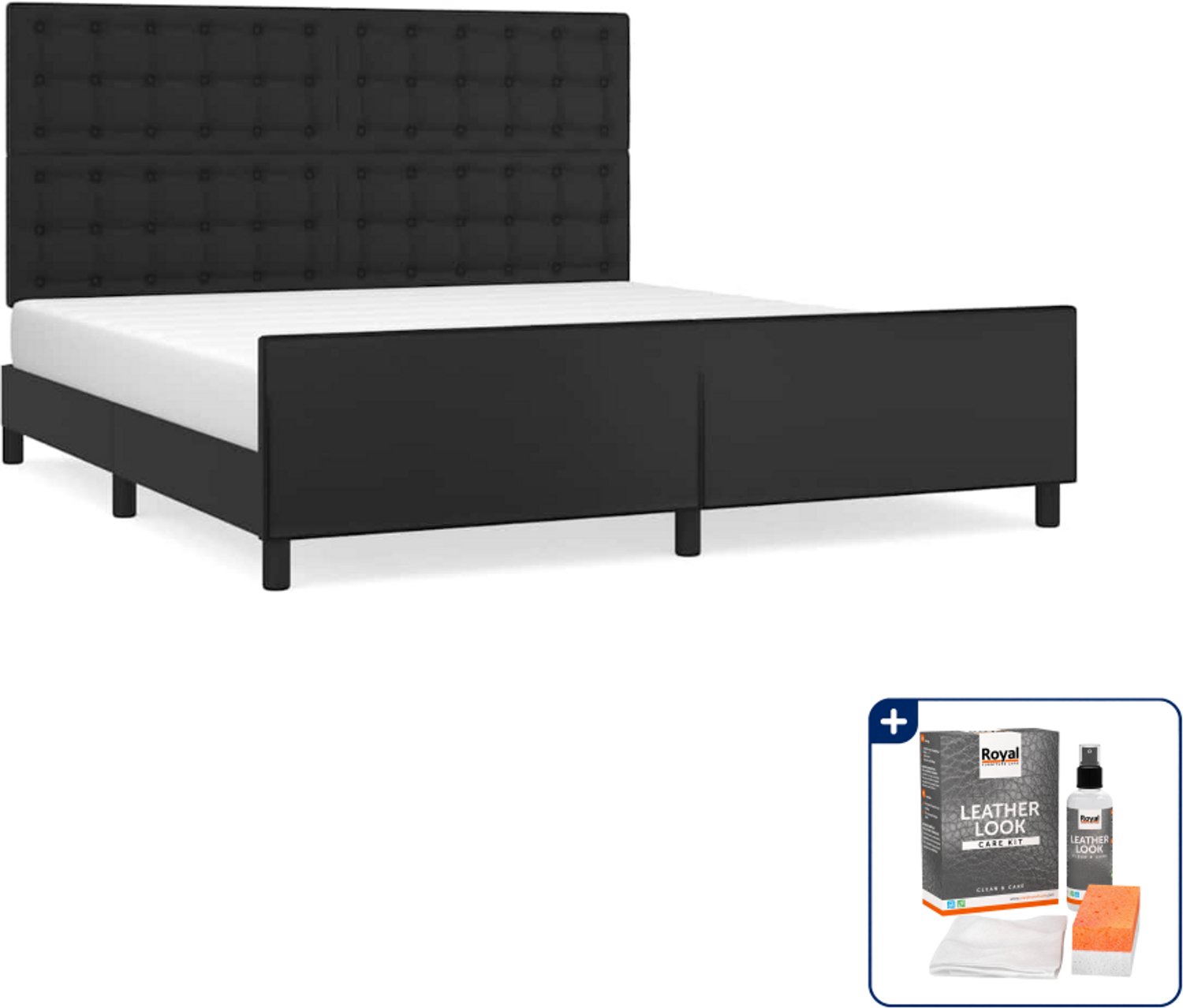 vidaXL Kingsize bedframe met hoofdbord - 180 x 200 cm - zwart - Inclusief onderhoudsset voor kunstleer 150 ml