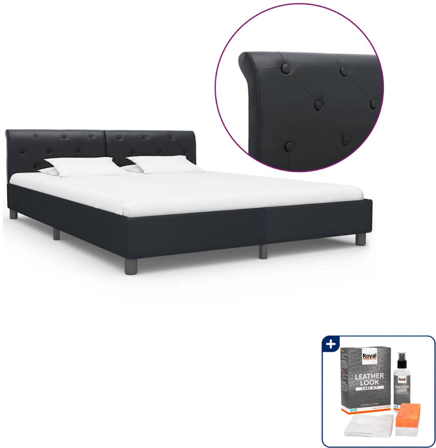 vidaXL Kingsize bedframe 180 x 200 cm - kunstleer - zwart - Inclusief onderhoudsset voor kunstleer 150 ml Wit