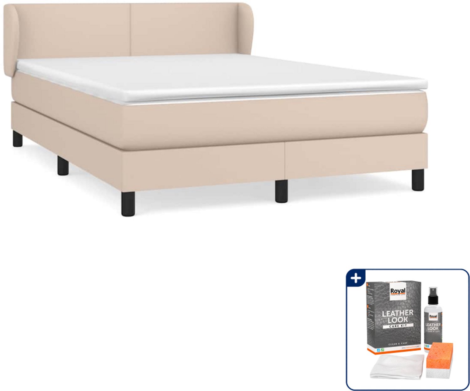 vidaXL boxspring met matras 140 x 190 cm - kunstleer - cappuccino - Inclusief onderhoudsset voor kunstleer 150 ml Bruin