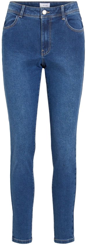 Voorkant van VILA skinny jeans met mid-waist in blauwe denim met knoopsluiting en riemlussen.
