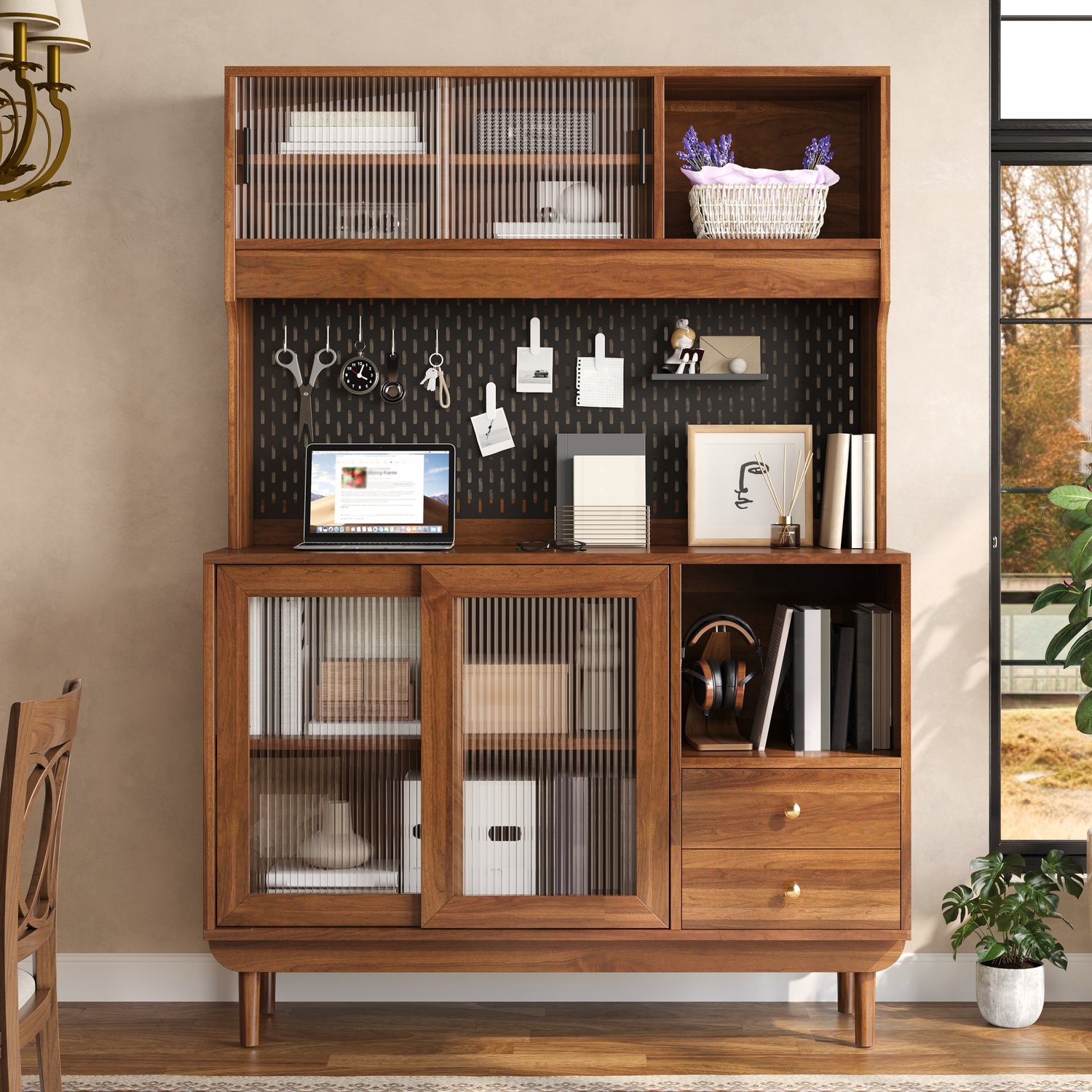 VVBV Buffetkast Keuken 117x30x170 cm – Lades, Opbergruimte, Schuifdeur, Deuren, Open Vakken, Riffelglas – voor Keuken/Eetkamer – Walnoot