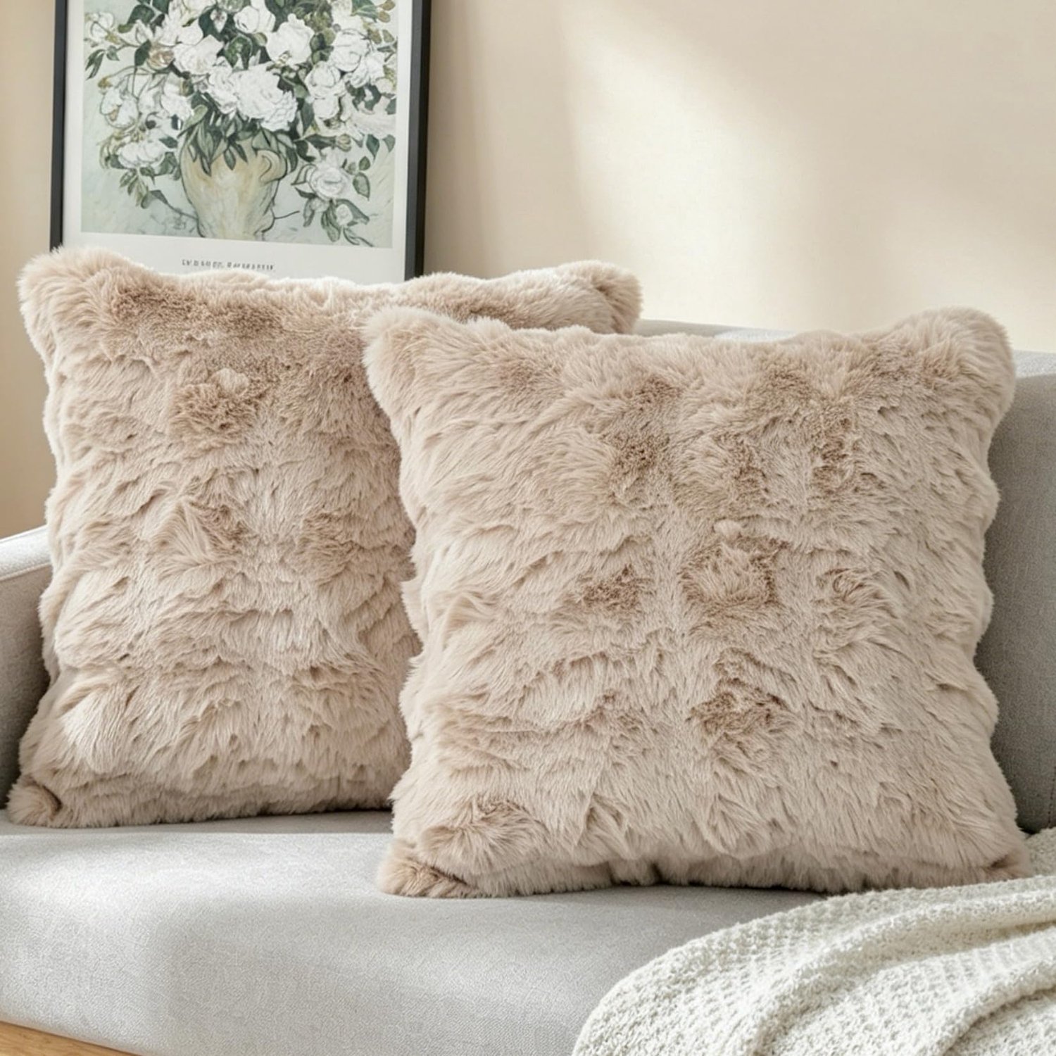 Famanu Kussenslopen set van 2 stuks 40 x 40 cm in beige, zachte pluizige kunstbont, luxe decoratieve hoezen voor moderne Marokkaanse stijl, ideaal voor slaapkamer en sofa