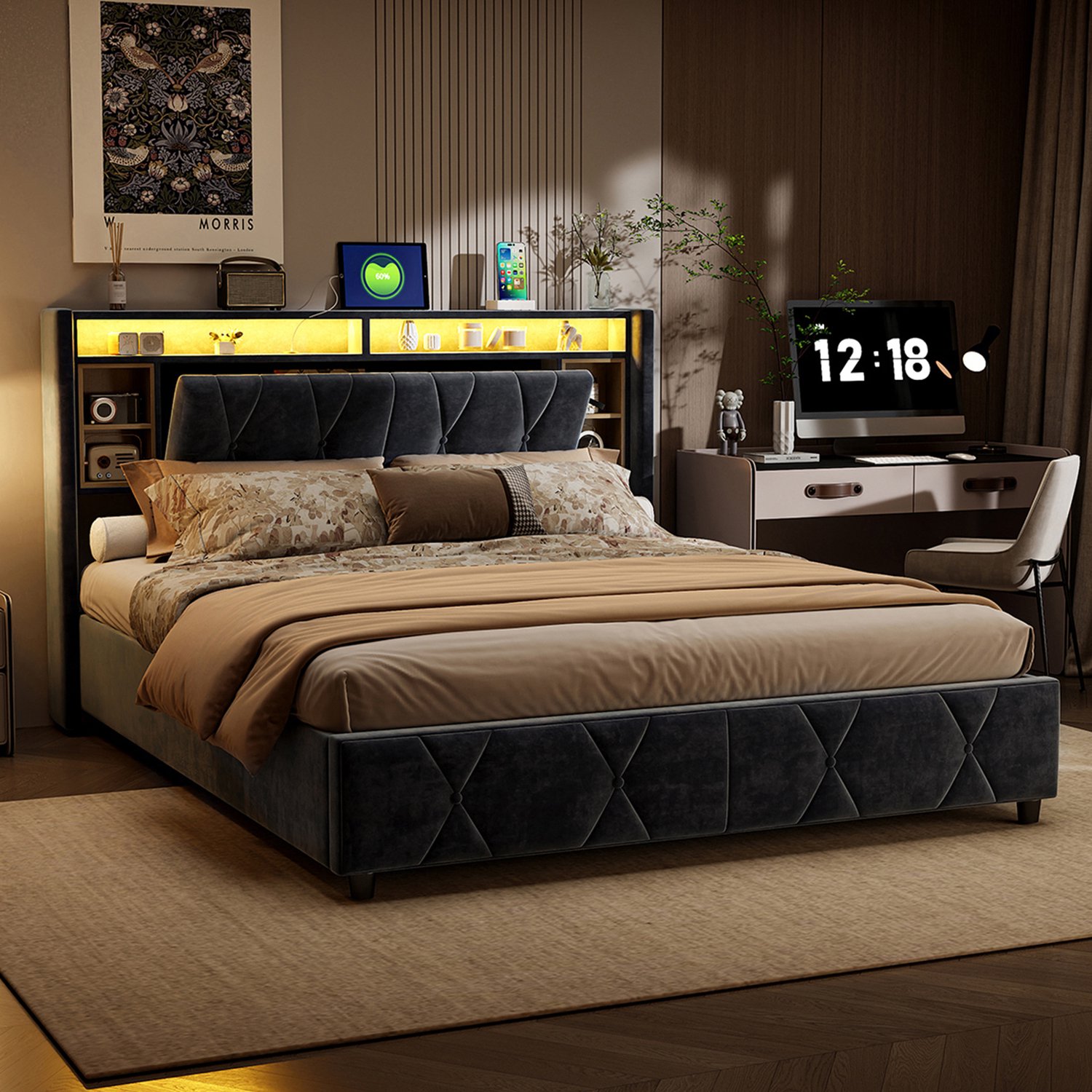 Yelenaro Gestoffeerd bed 140x200 cm met LED en USB, Tweepersoons bed met Hydraulisch Opbergruimte, Jeugdbed met Gesloten Opbergruimte in het Hoofdeinde, Fluweel, Grijs