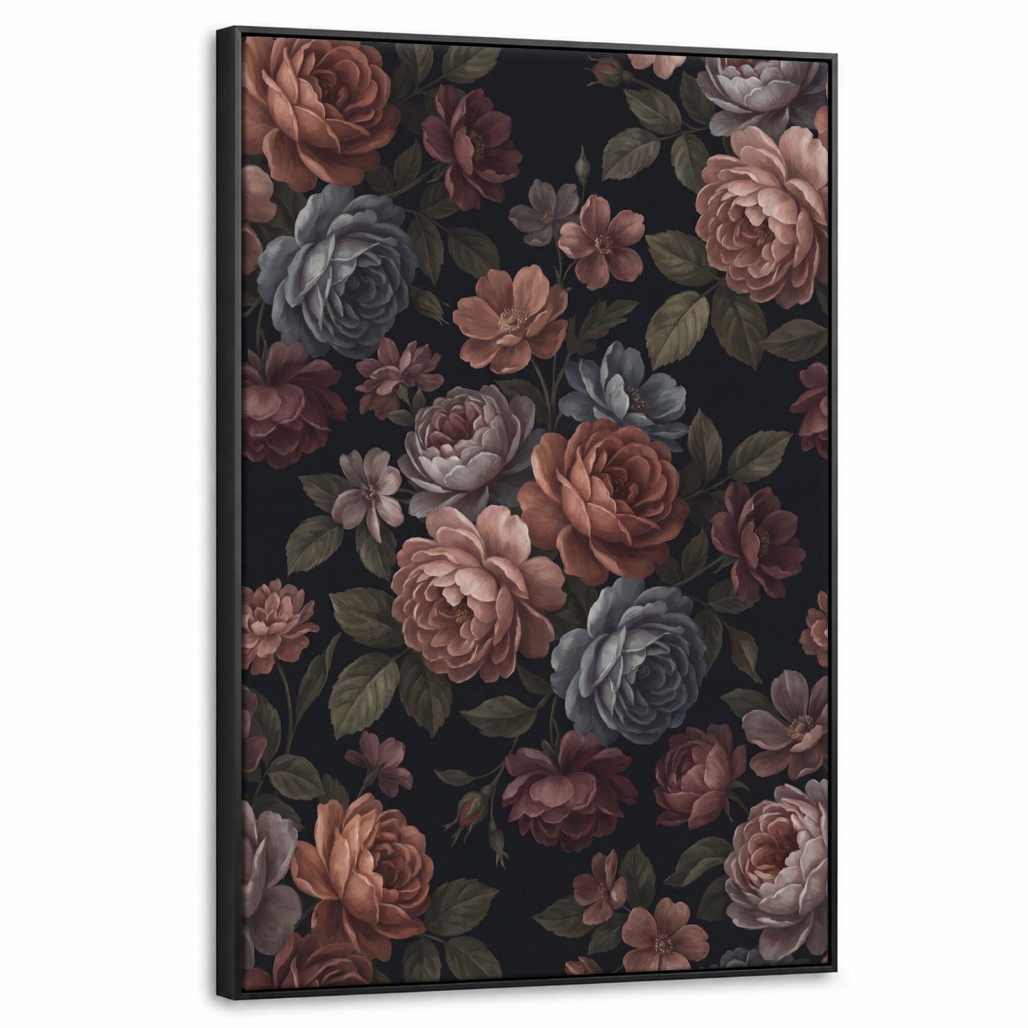 Canvas Schilderij met Baklijst 60x90cm - Bloemen - Patroon - Vintage - Donker - Roze - Muurdecoratie woonkamer - Slaapkamer decoratie - Kamer accessoires - Schilderijen op canvas met lijst