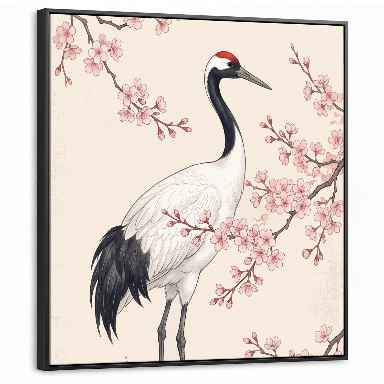 Canvas Schilderij met Baklijst 90x90cm - Aziatisch - Kraanvogel - Beige - Muurdecoratie woonkamer - Slaapkamer decoratie - Kamer accessoires - Schilderijen op canvas met lijst