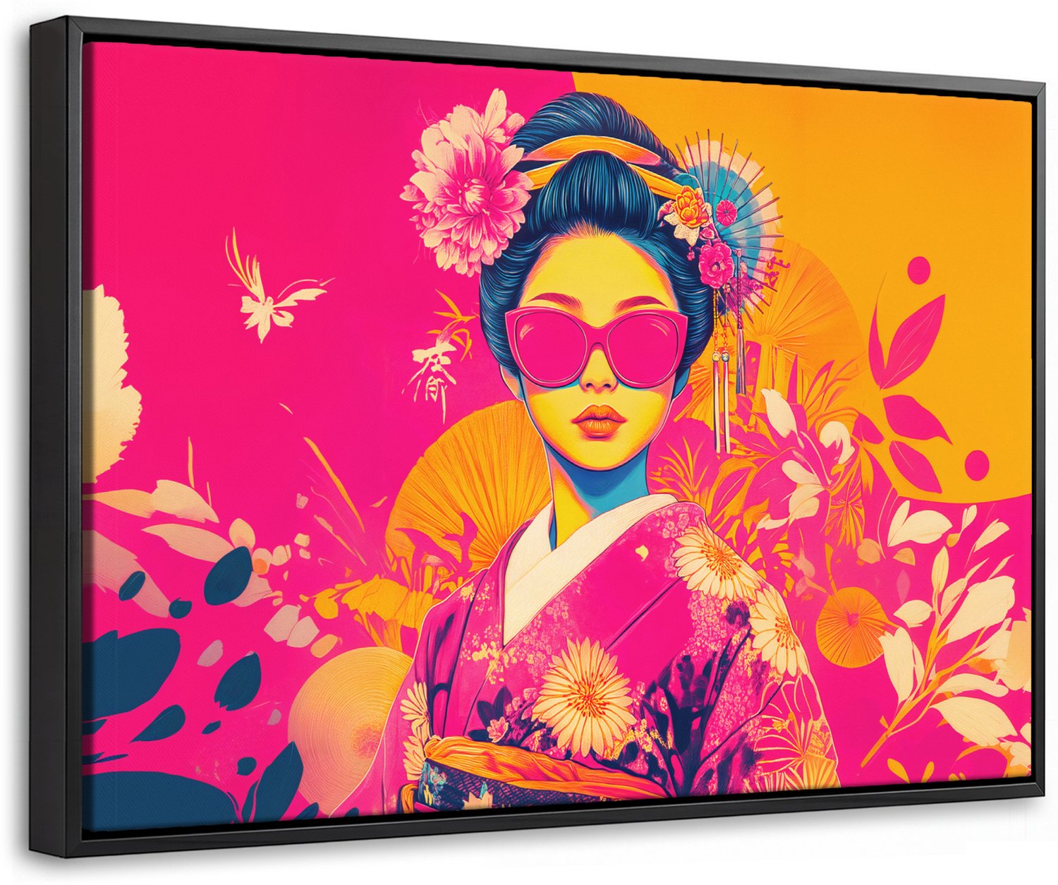Canvas Schilderij met Baklijst 60x40cm - Vrouw - Zonnebril - Abstract - Oranje - Muurdecoratie woonkamer - Slaapkamer decoratie - Kamer accessoires - Schilderijen op canvas met lijst