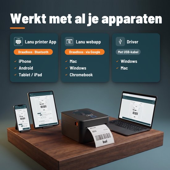 Lanu labelprinter met een smartphone, tablet en laptop verbonden voor draadloos labelen.