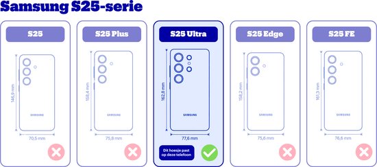 Overzicht van Samsung S25-modellen met afmetingen. S25 Ultra is gemarkeerd met een groen vinkje: Dit hoesje past op deze telefoon.