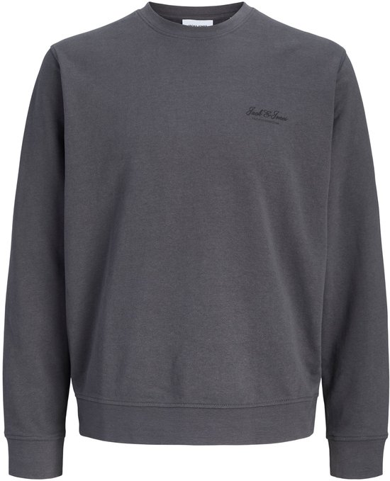 Donkergrijze Jack & Jones sweater met ronde hals en een klein geborduurd logo op de borst.