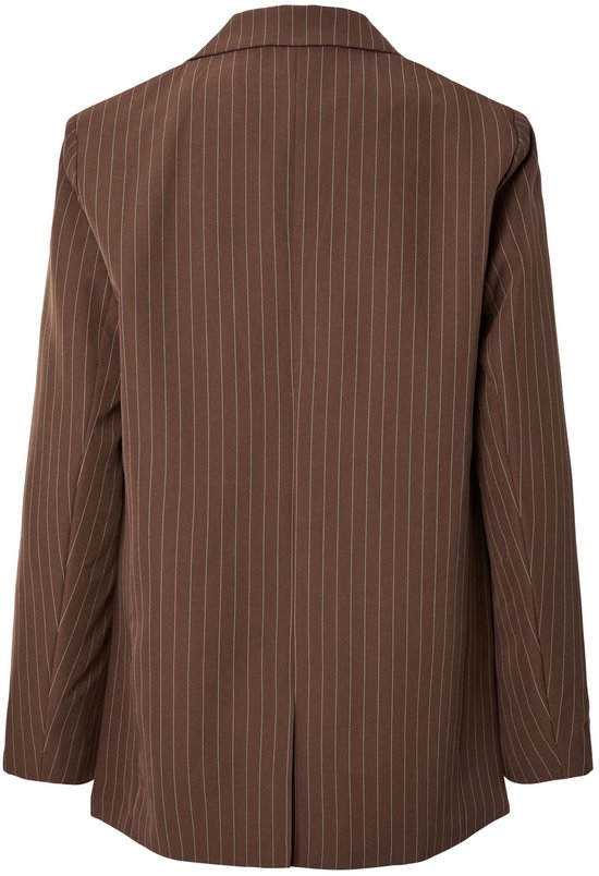 Bruine blazer met verticale krijtstrepen, lange mouwen en split aan de achterkant.